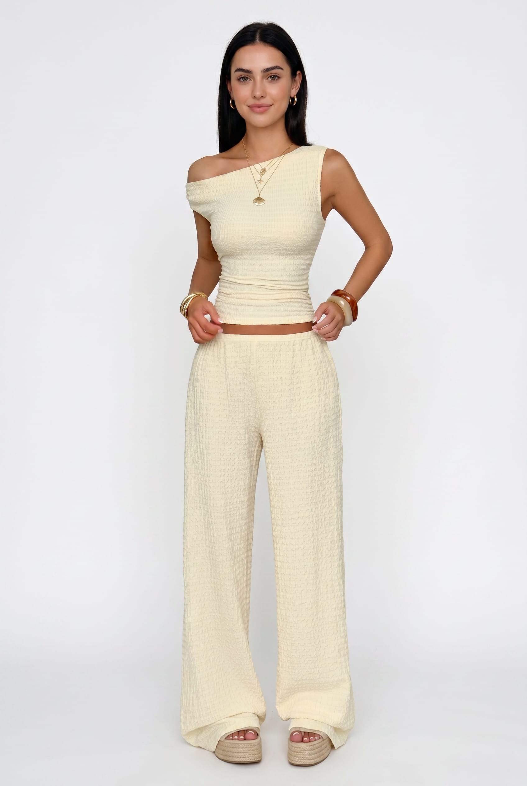 Cream Textured Asymmetric Co-ord Set