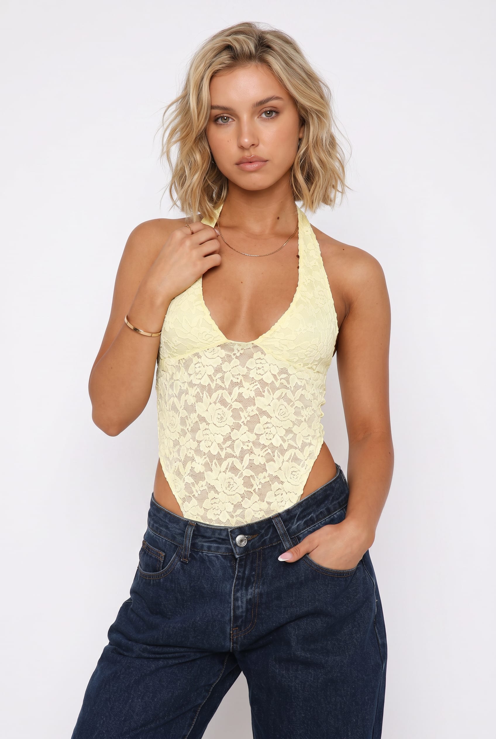 Lemon Yellow Lace Halter Bodysuit