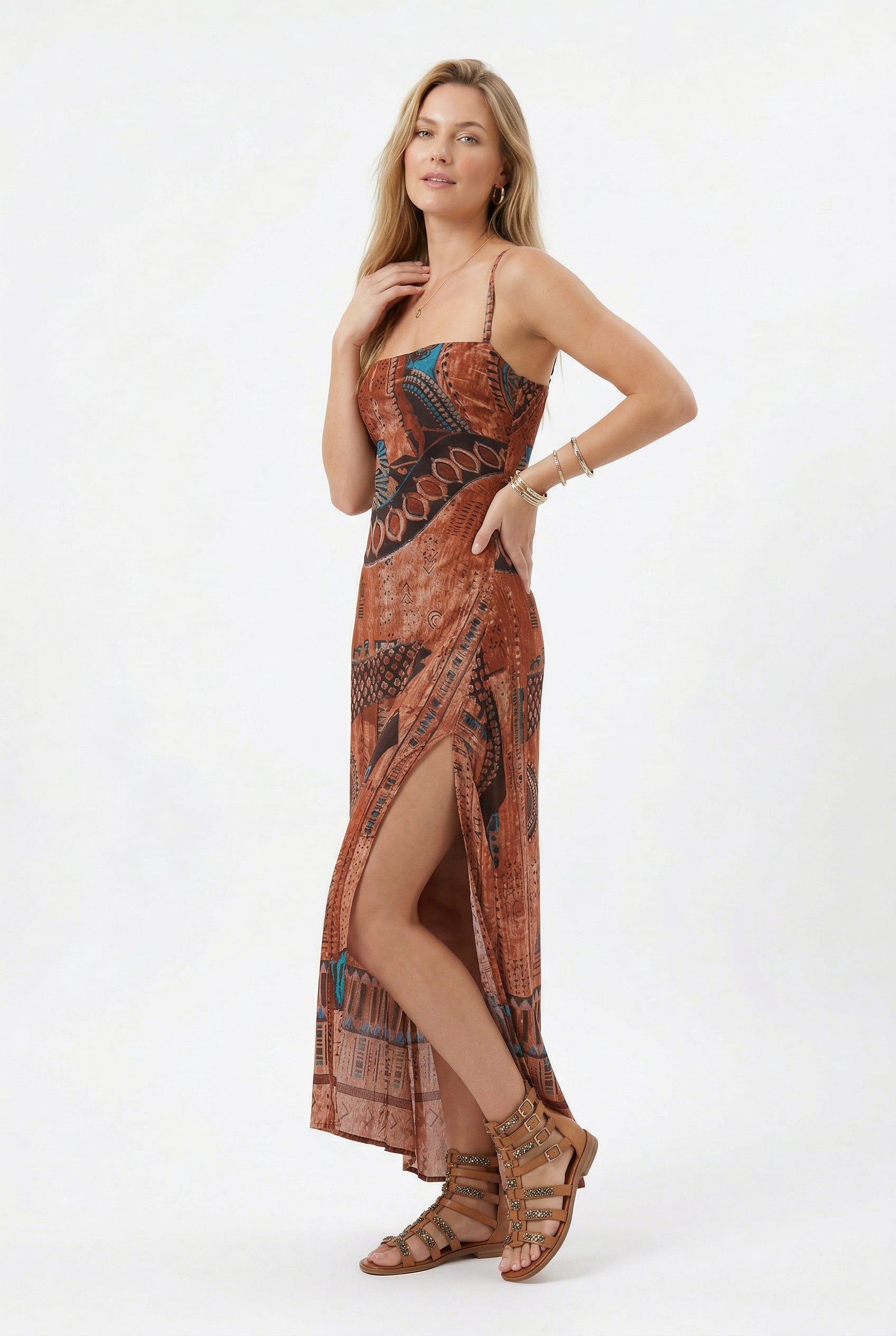 Rust Patchwork Print Maxi Dress