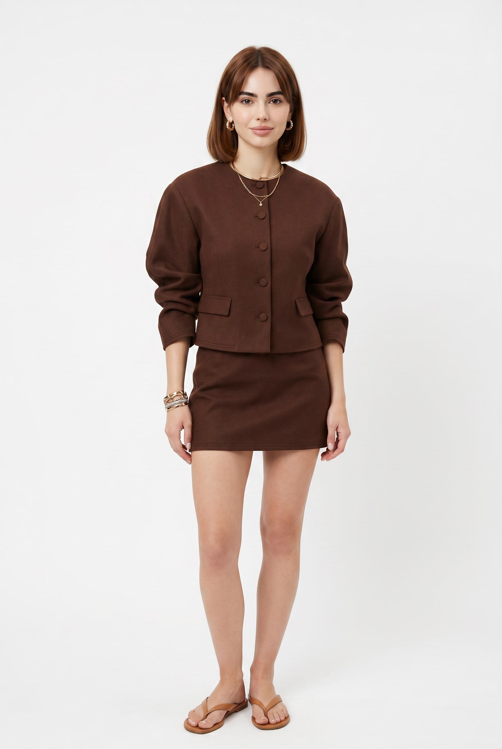 Chocolate Brown Linen Blend Jacket Skirt Set