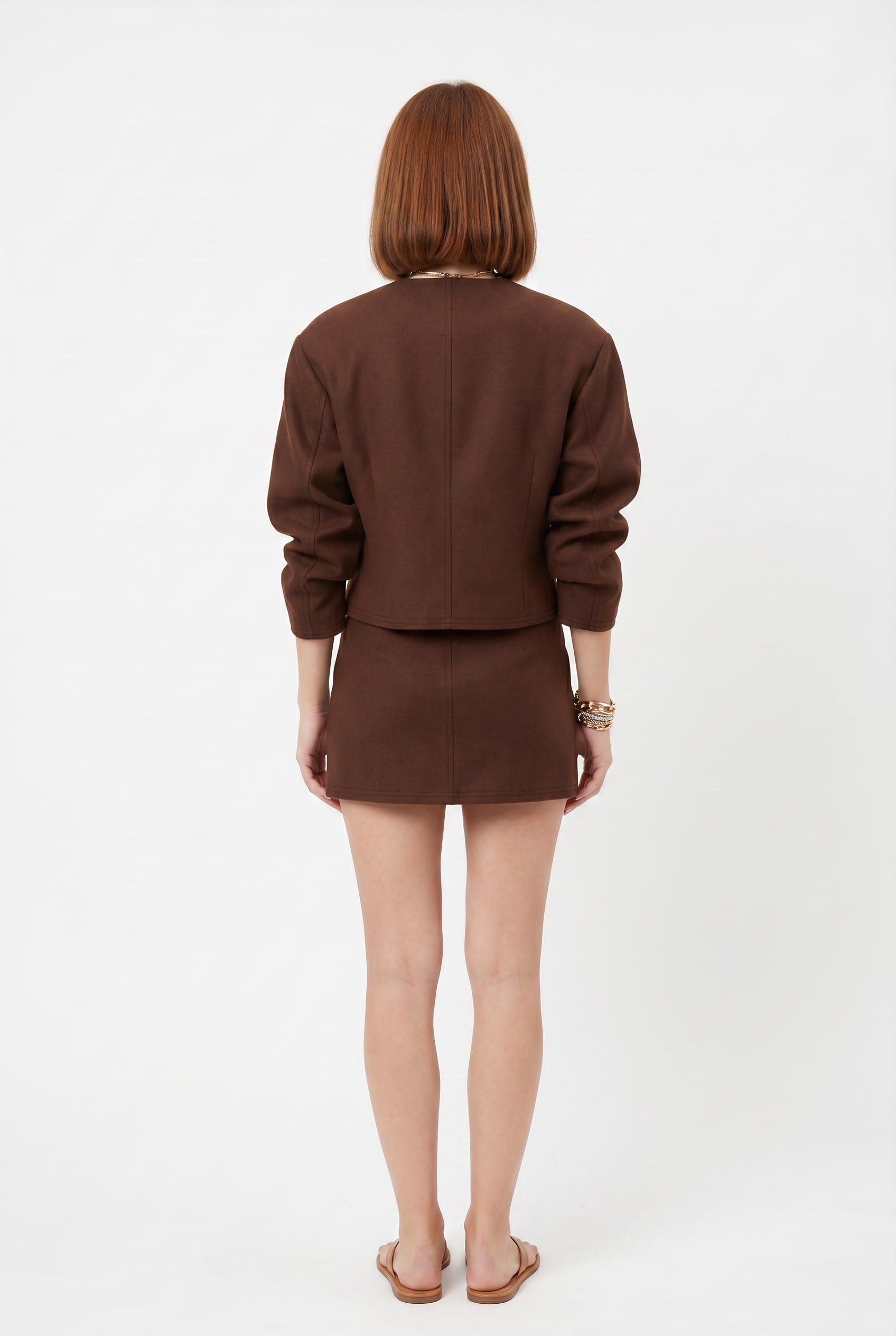 Chocolate Brown Linen Blend Jacket Skirt Set
