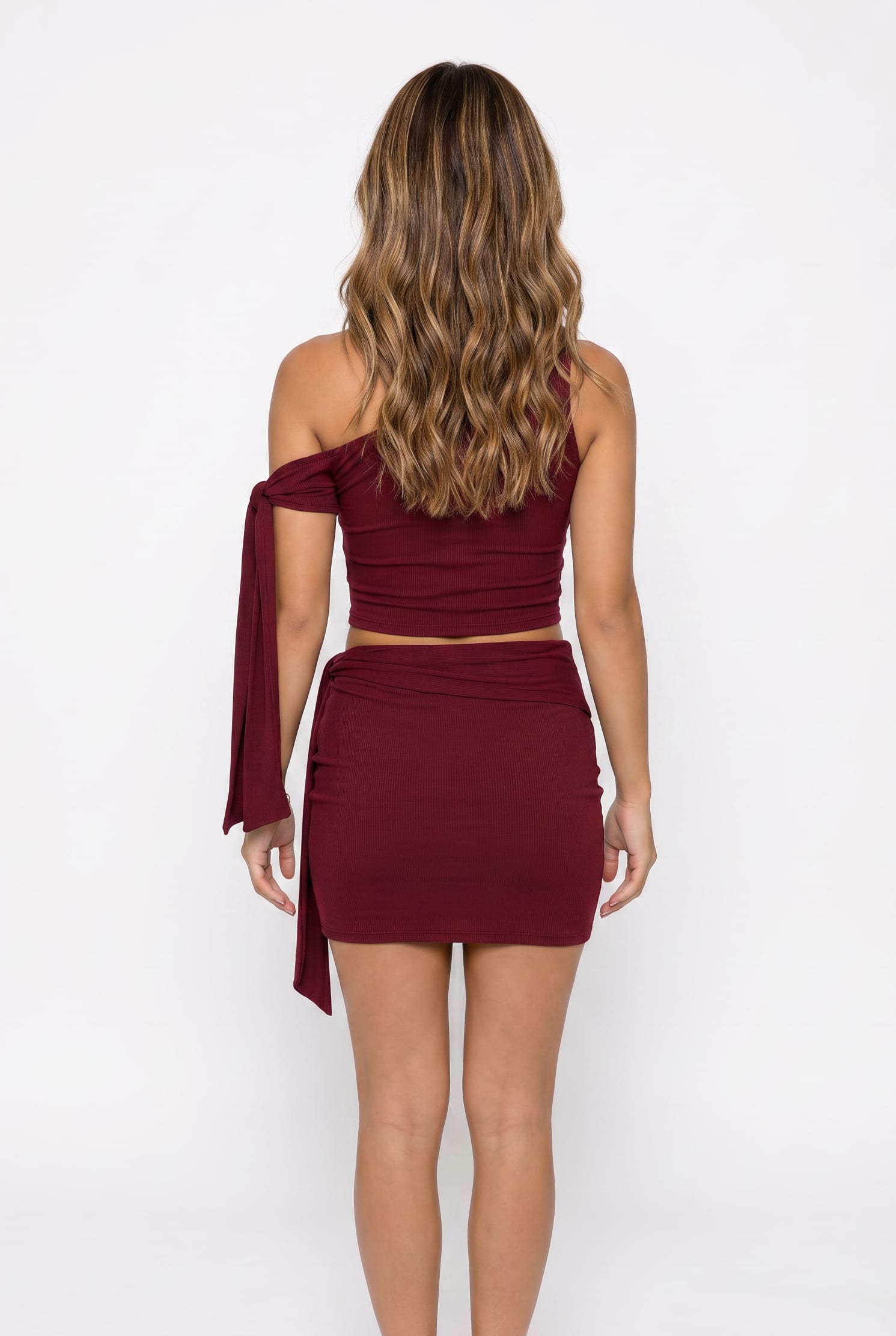 Burgundy One-Shoulder Tie Detail Co-ord Set