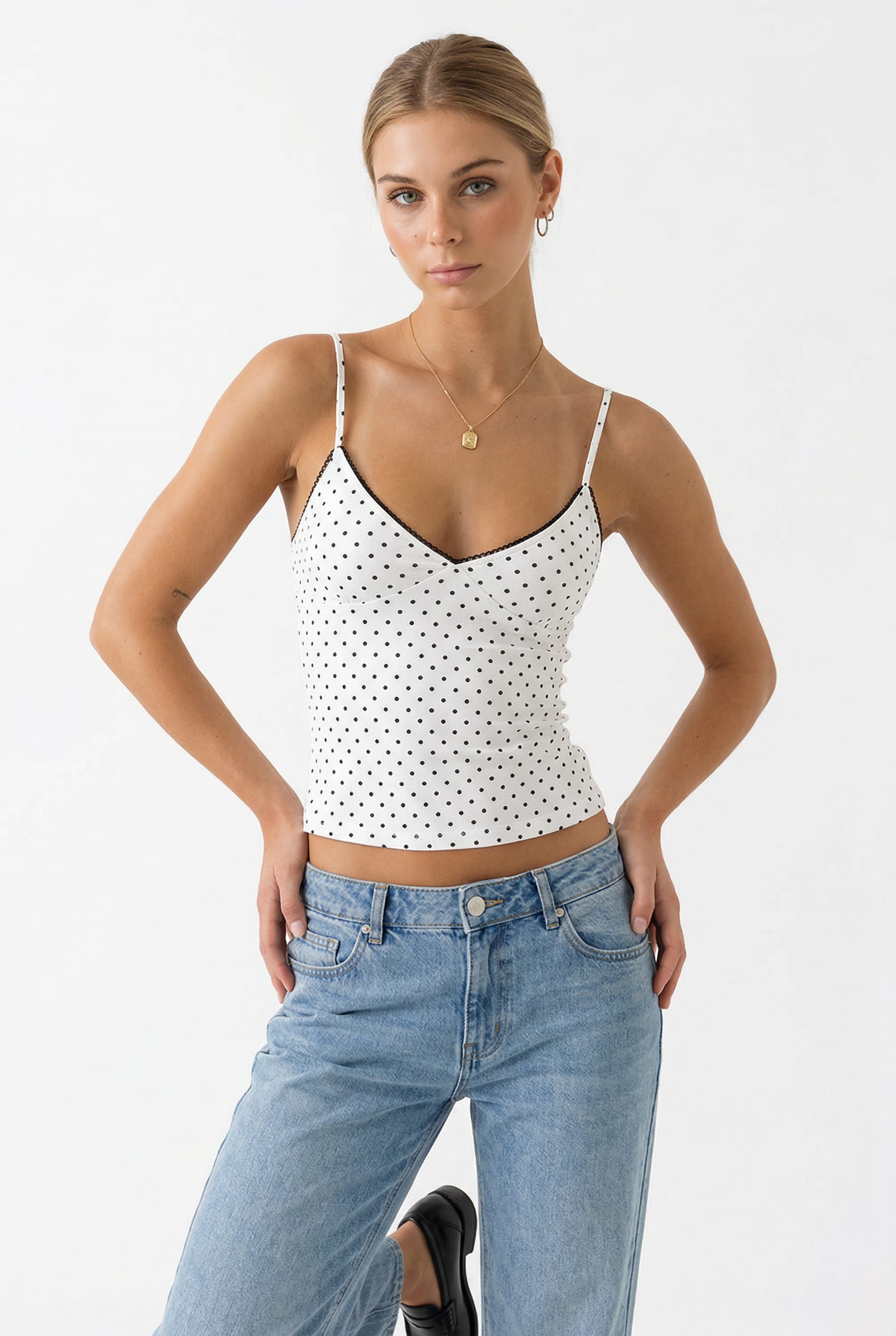 White Polka Dot Fitted Cami Top