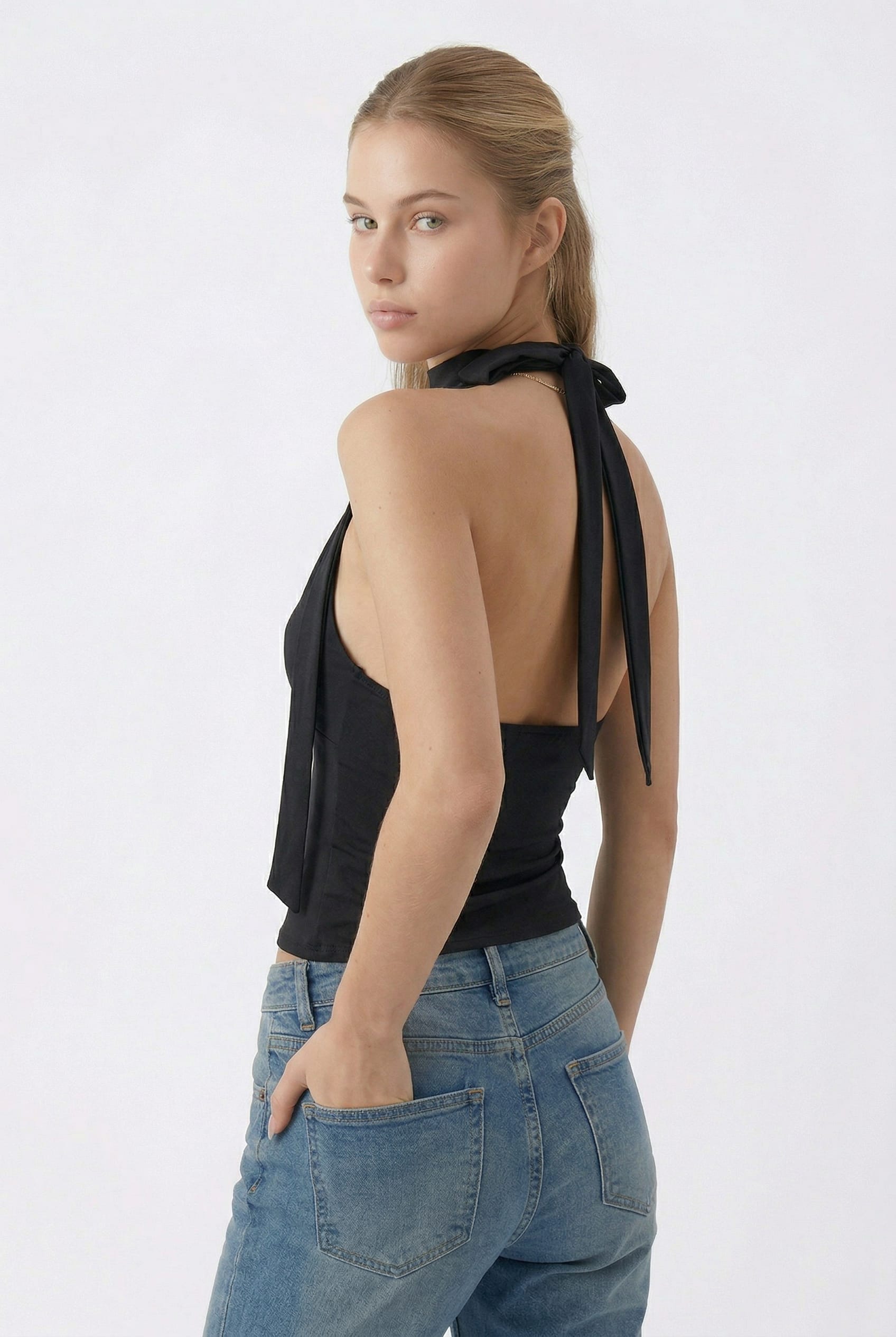 Black Plunge Halter Neck Top