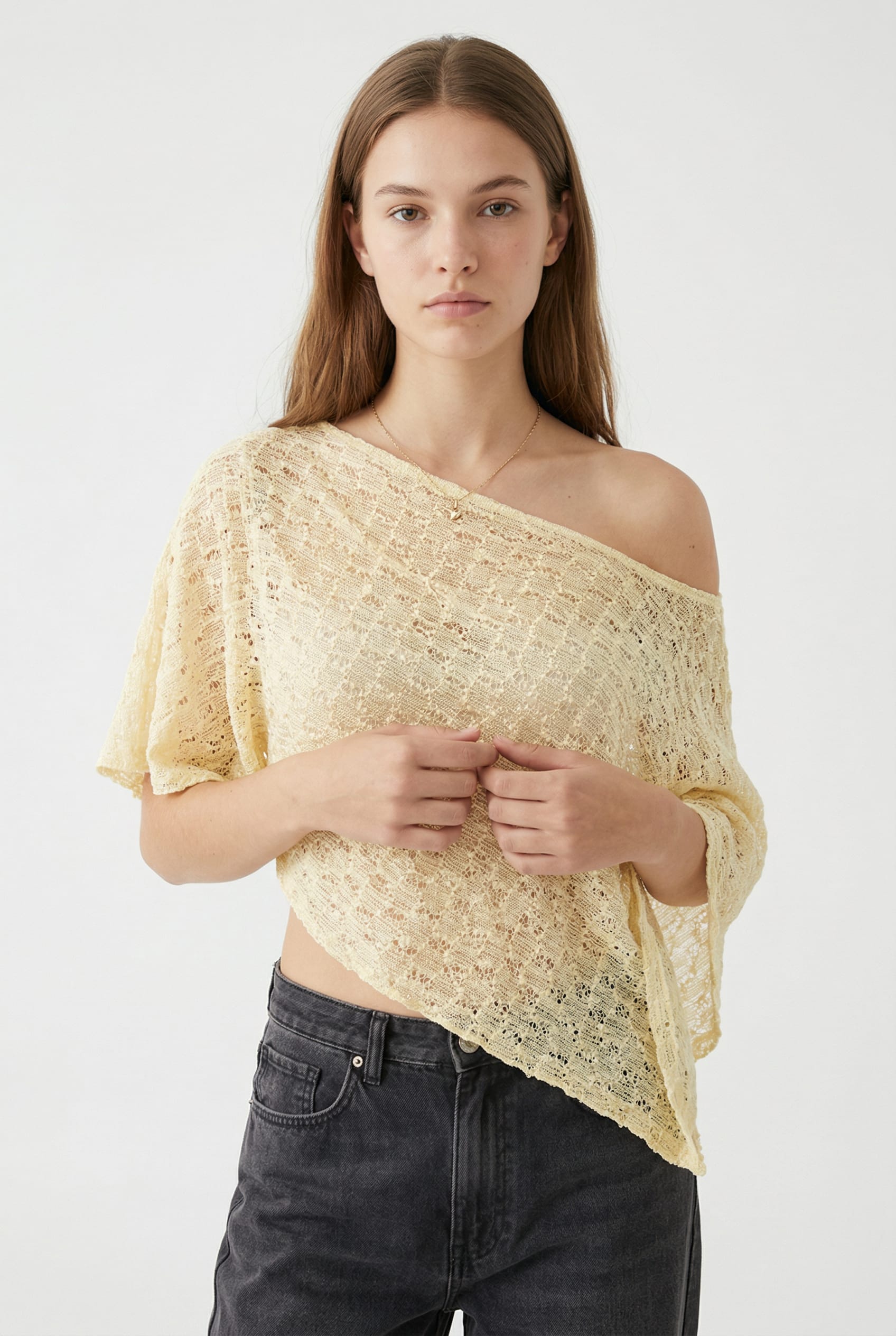 Butter Yellow Asymmetric Open-Knit Top