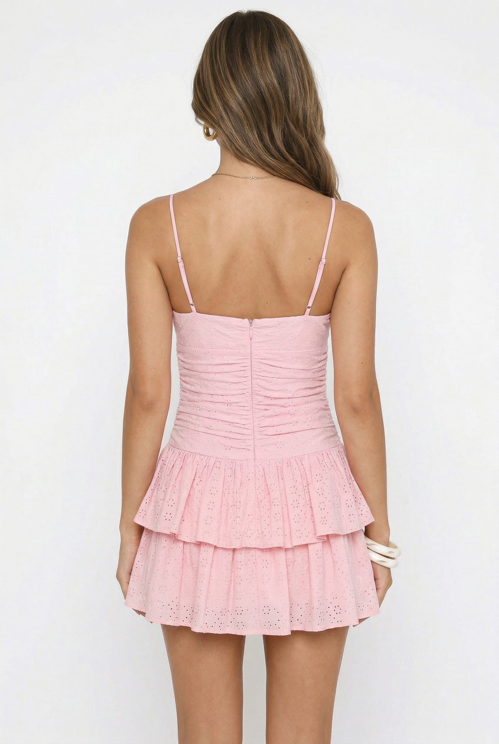 Pink Ruched Tiered Eyelet Mini Dress