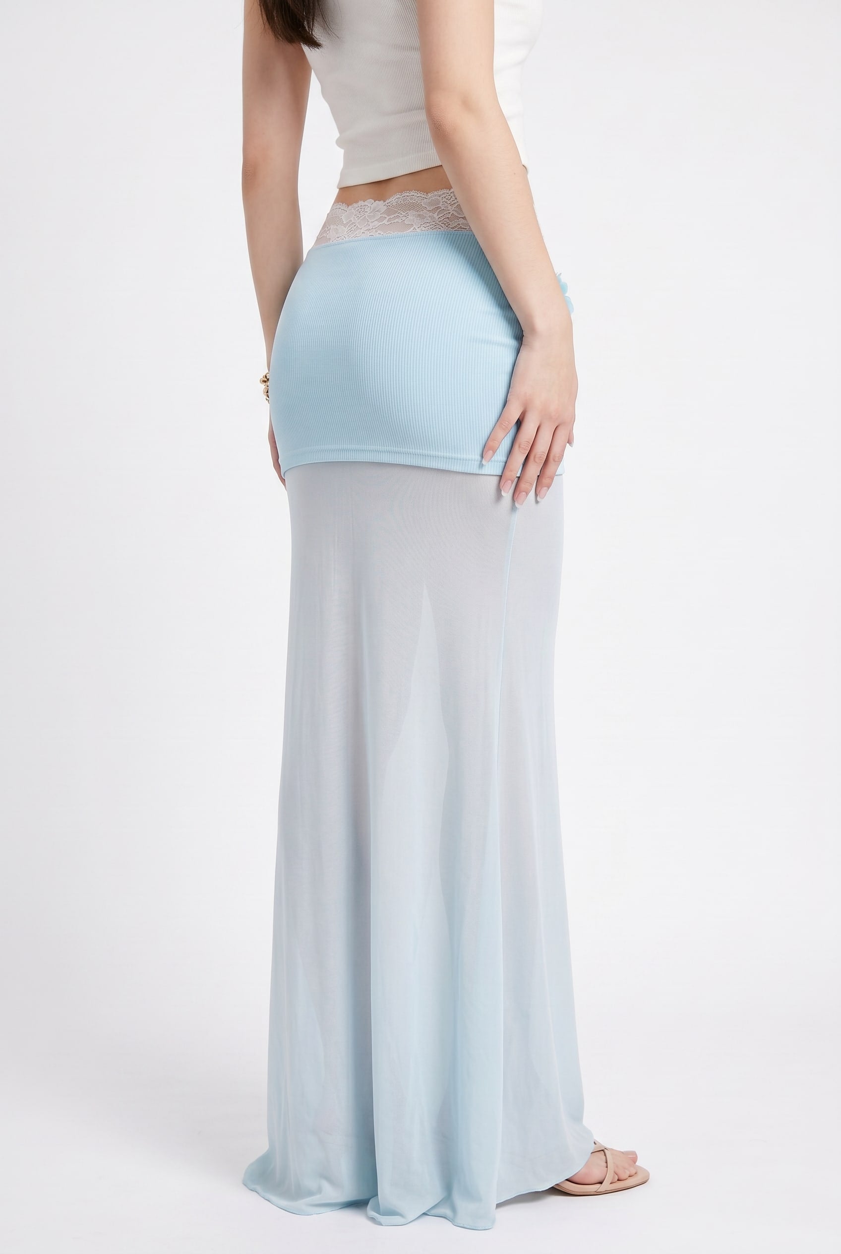 Sky Blue Sheer Mesh Maxi Skirt