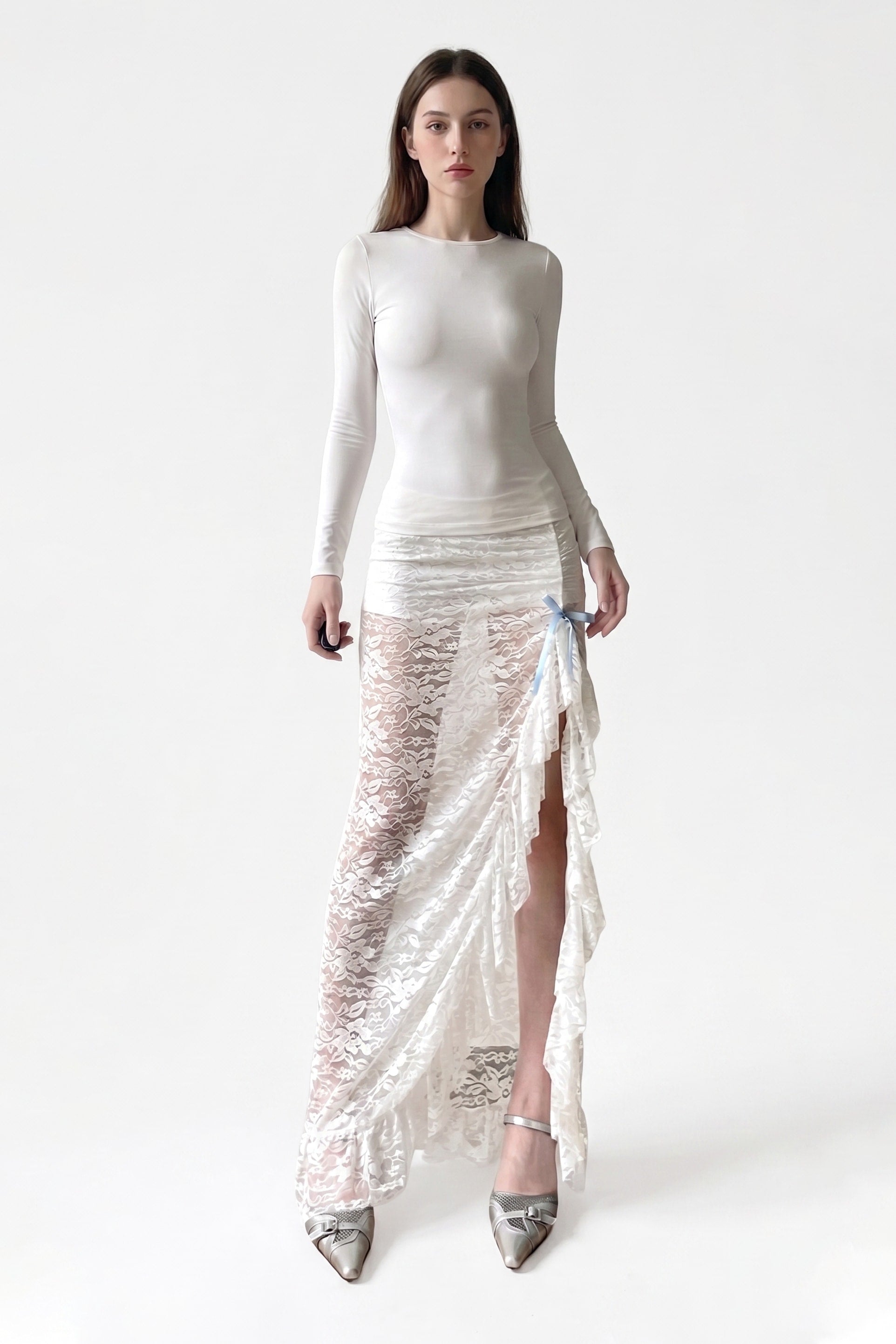 Ivory Lace Asymmetric Maxi Skirt