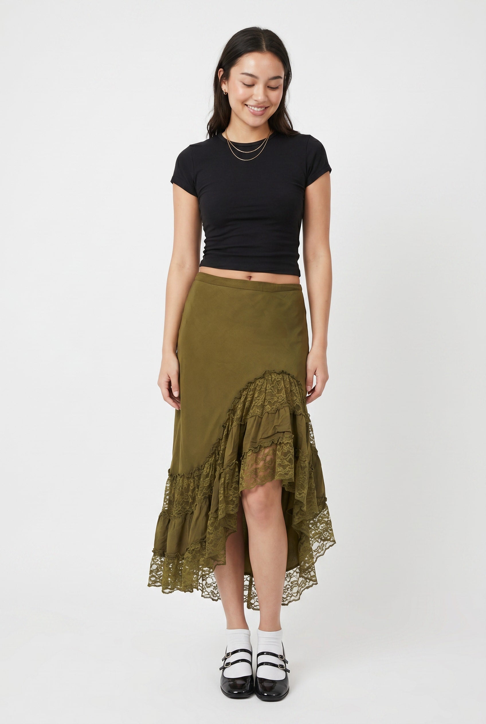 Olive Green Lace Trim Asymmetric Skirt