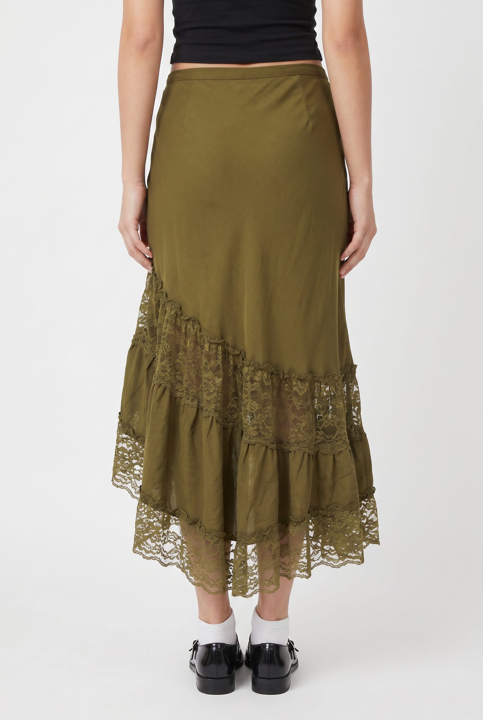 Olive Green Lace Trim Asymmetric Skirt