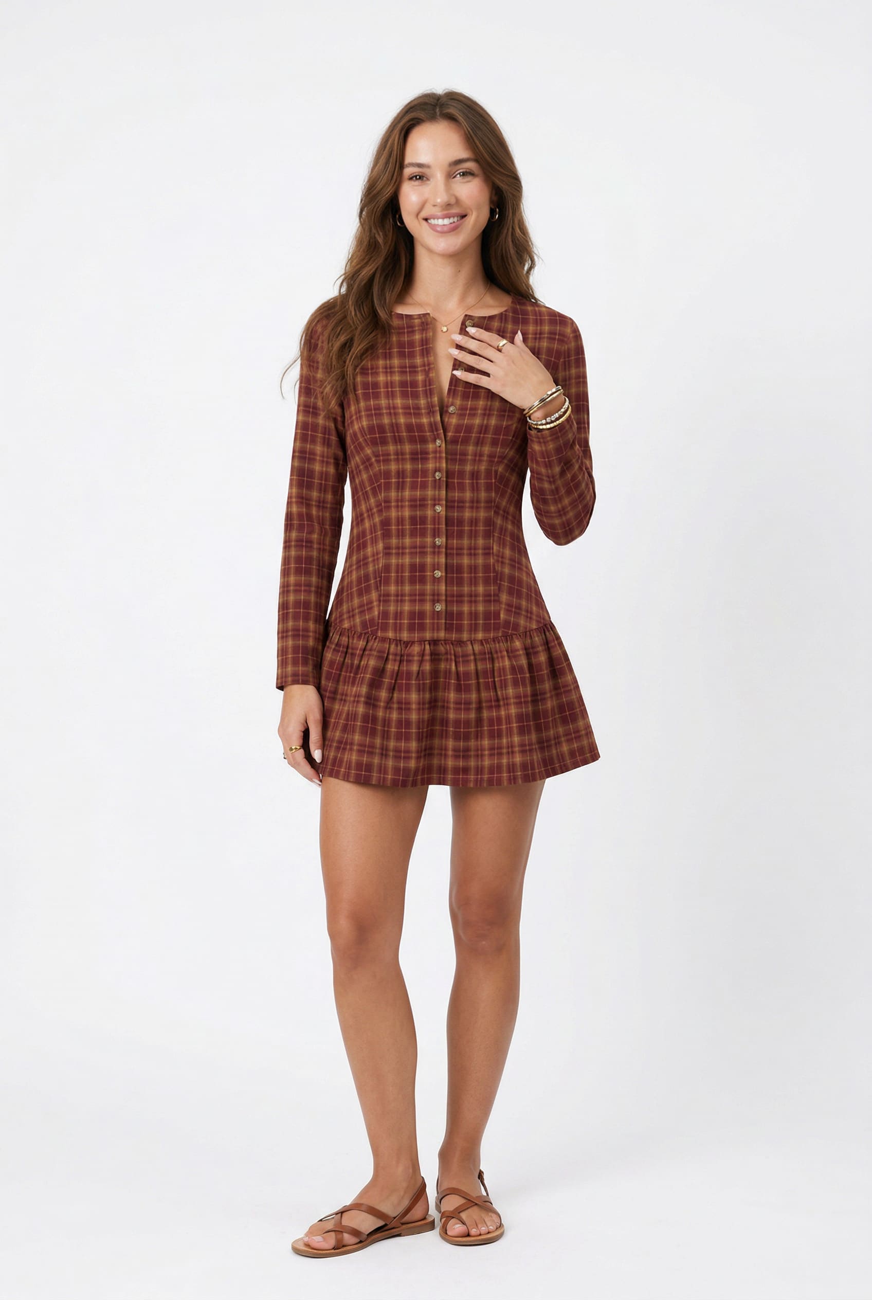 Rust Plaid Button-Front Mini Dress
