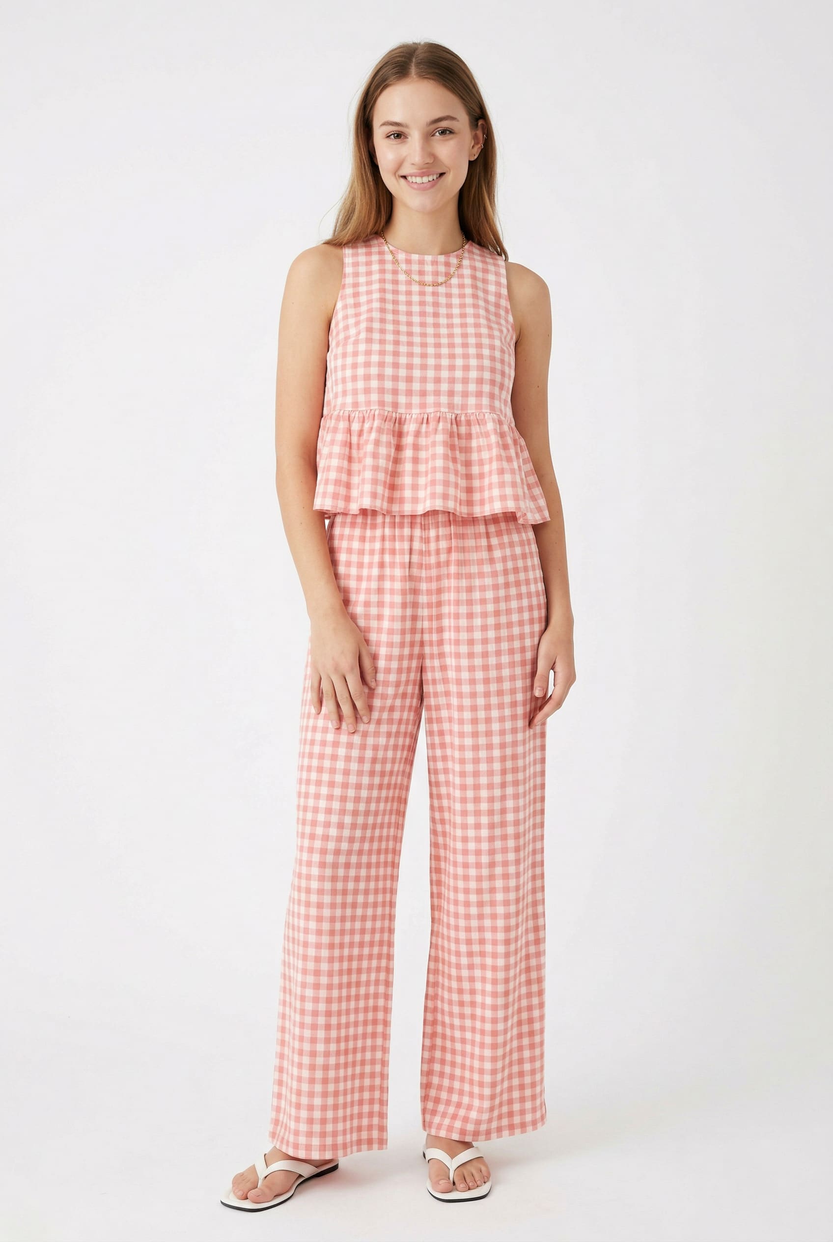 Pink Gingham Peplum Top Trouser Set