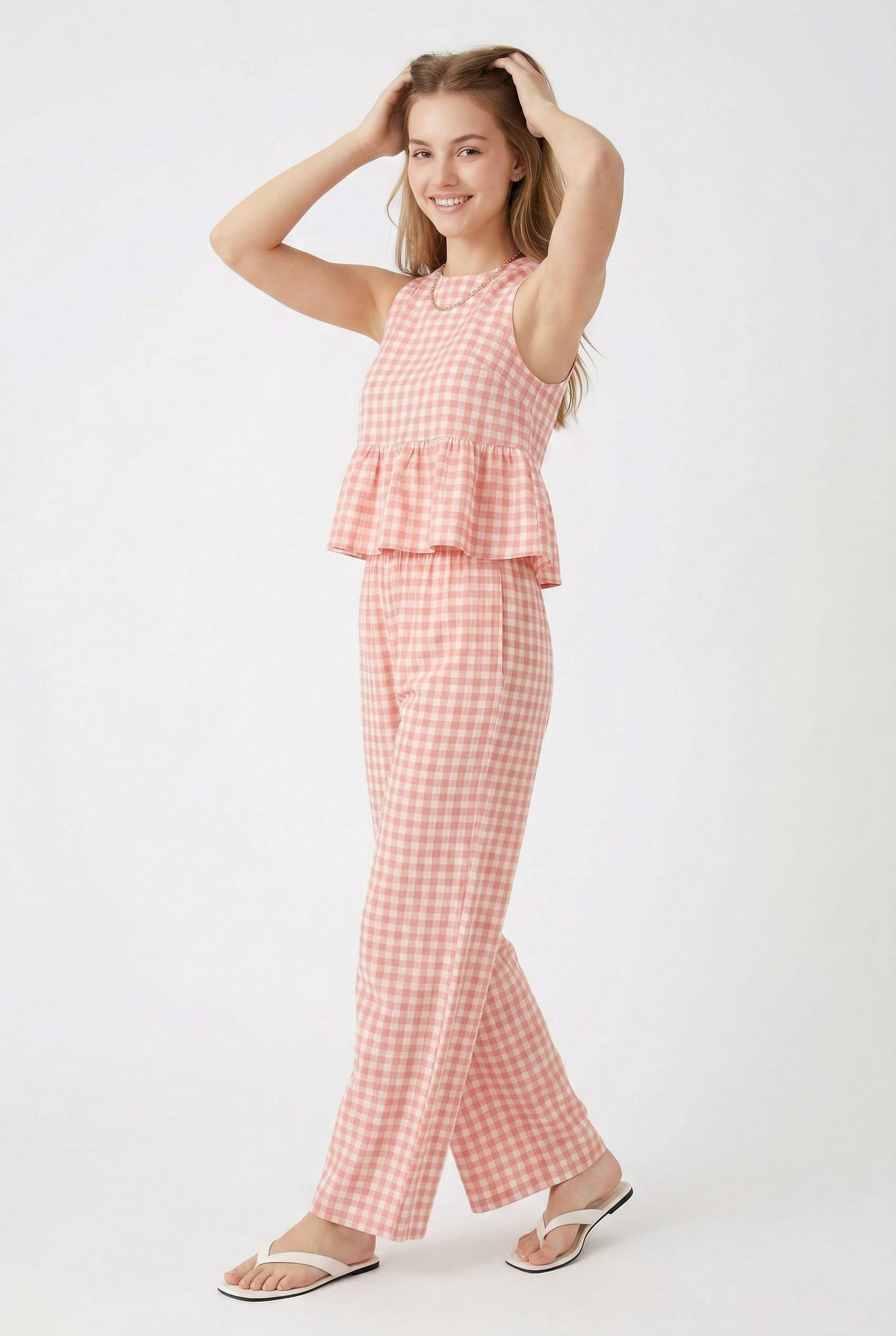 Pink Gingham Peplum Top Trouser Set