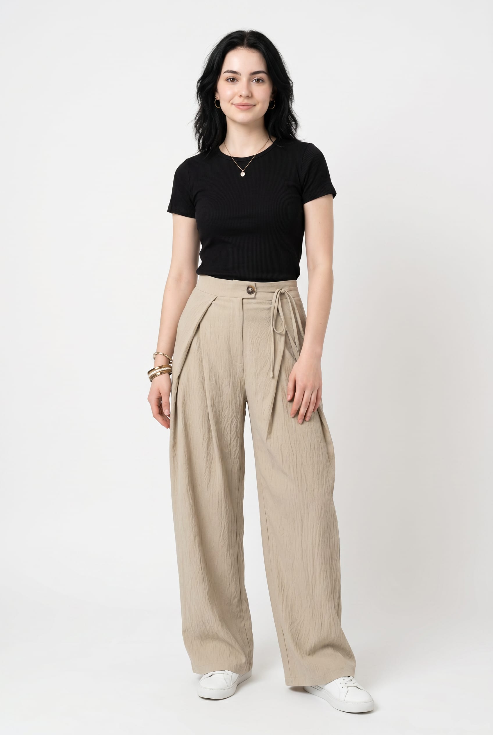 Beige Wide Leg Belted Trousers