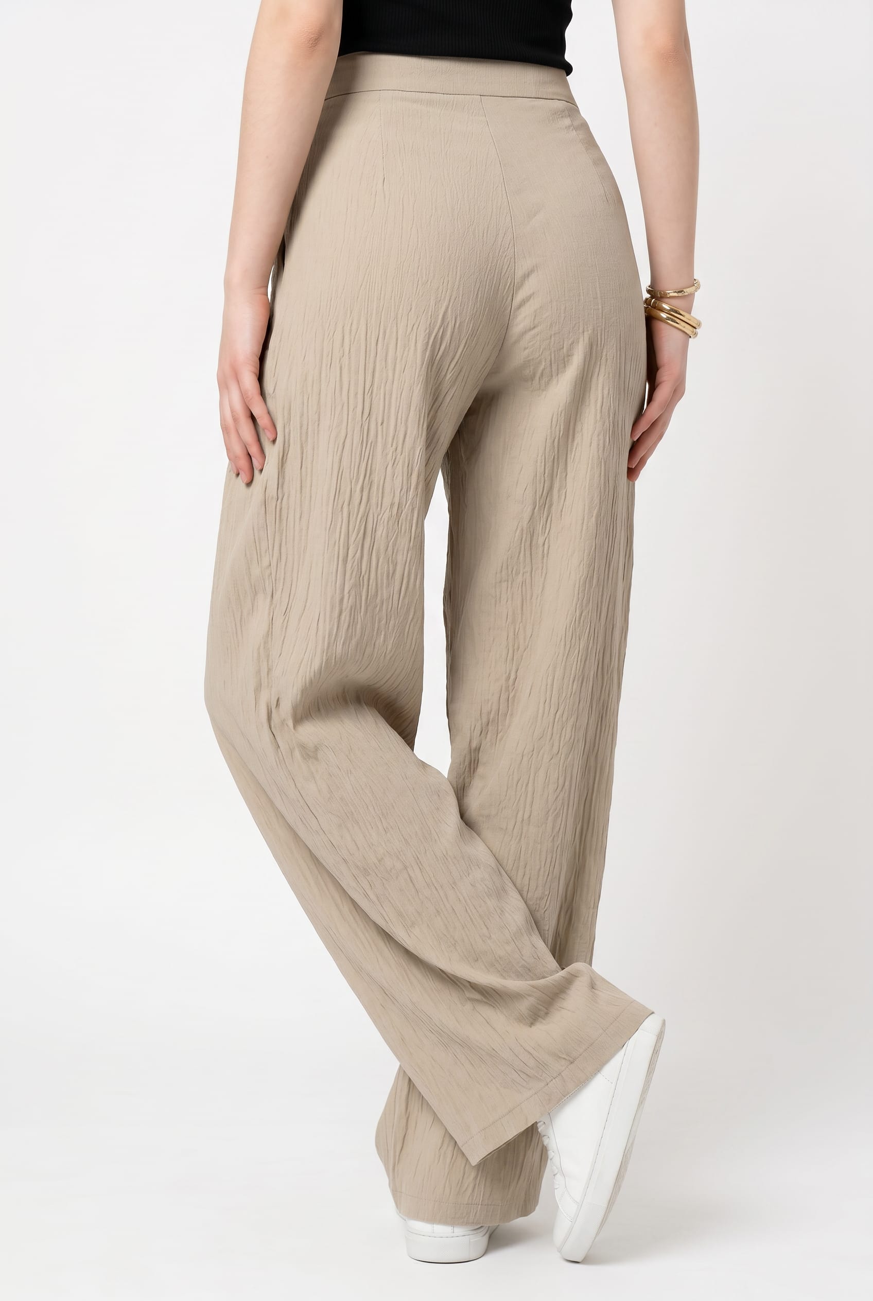 Beige Wide Leg Belted Trousers