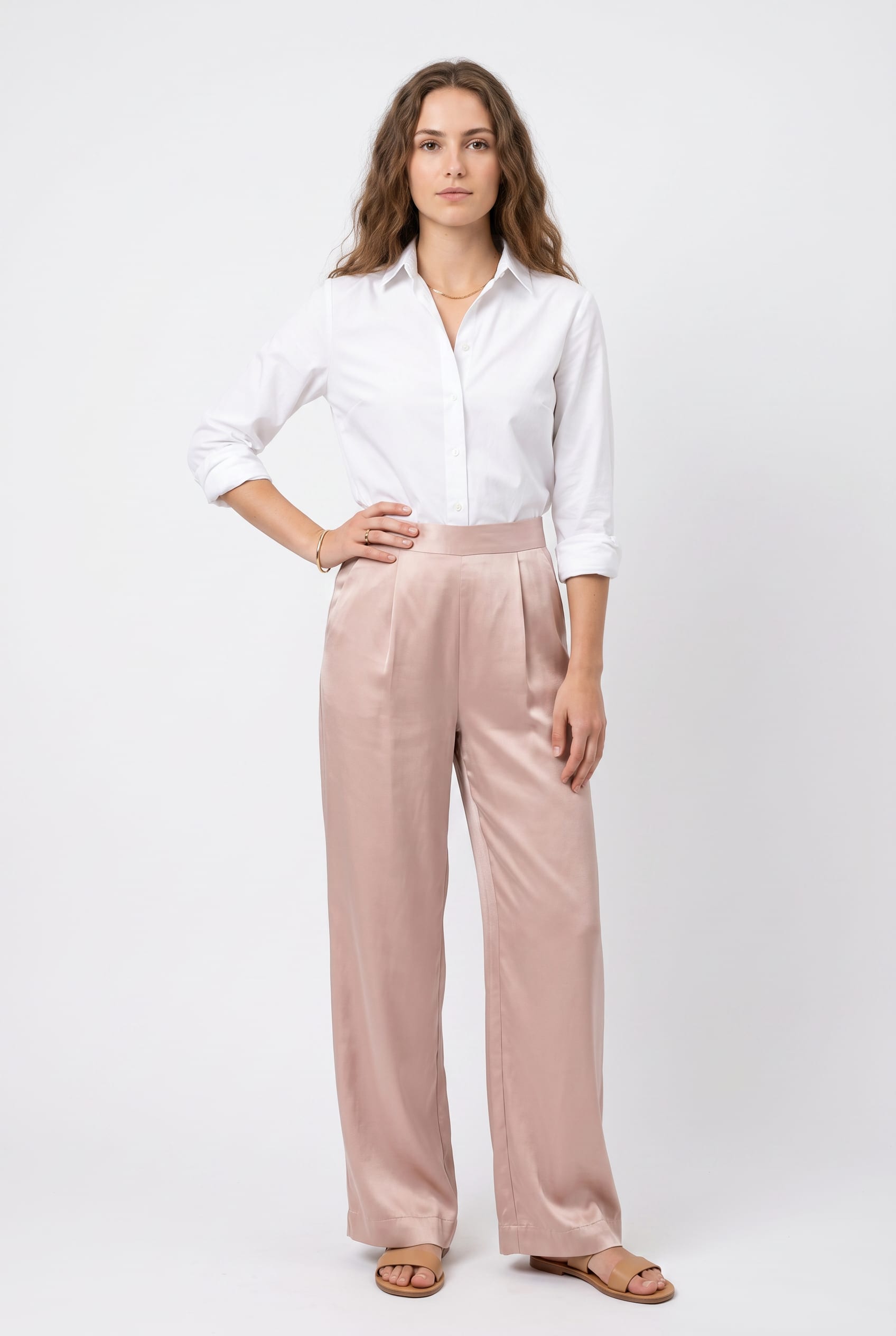 Blush Pink Satin High-Waisted Wide Trousers