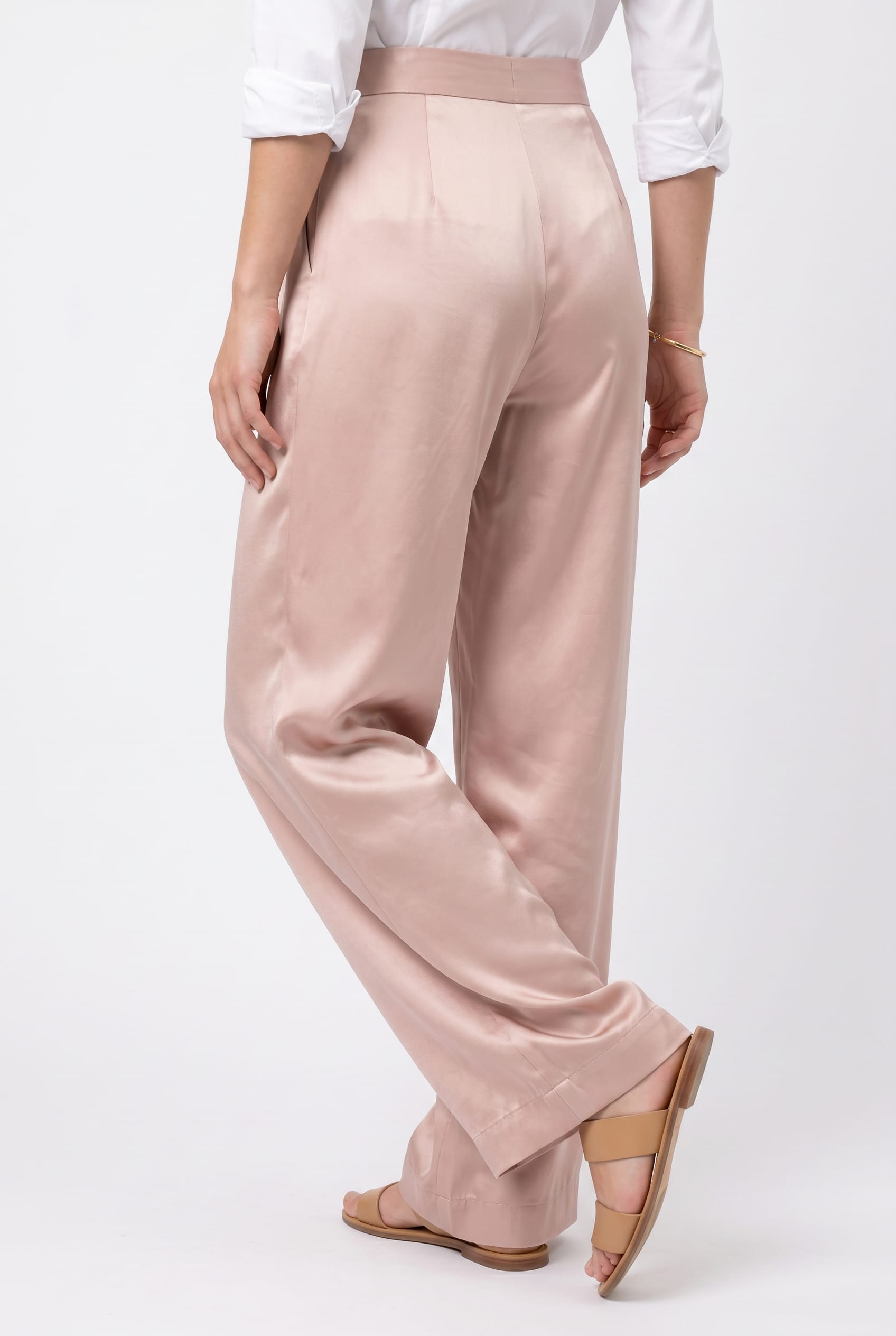 Blush Pink Satin High-Waisted Wide Trousers
