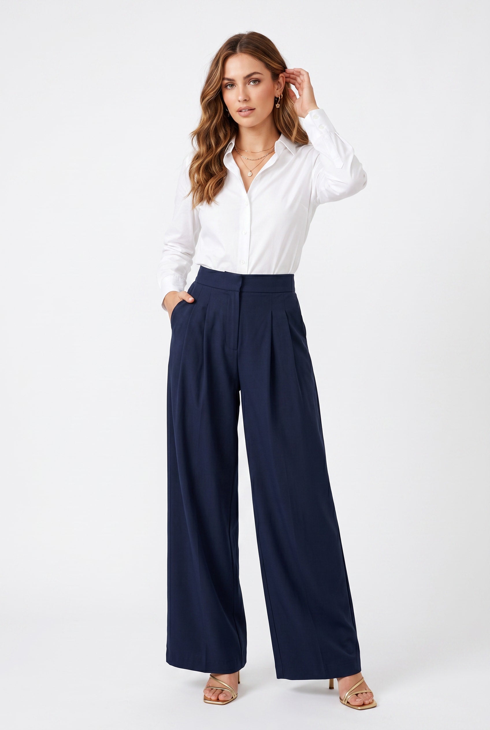 Navy Wide Leg Pleated Trousers