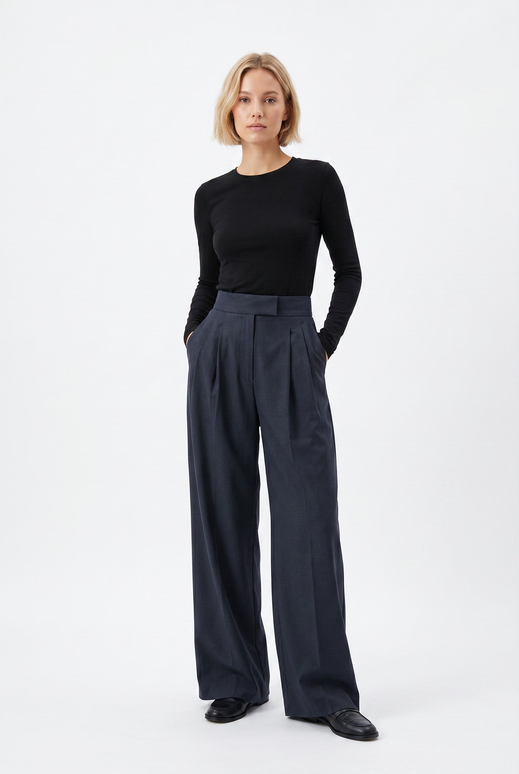 Navy Wide Leg Pleated Trousers