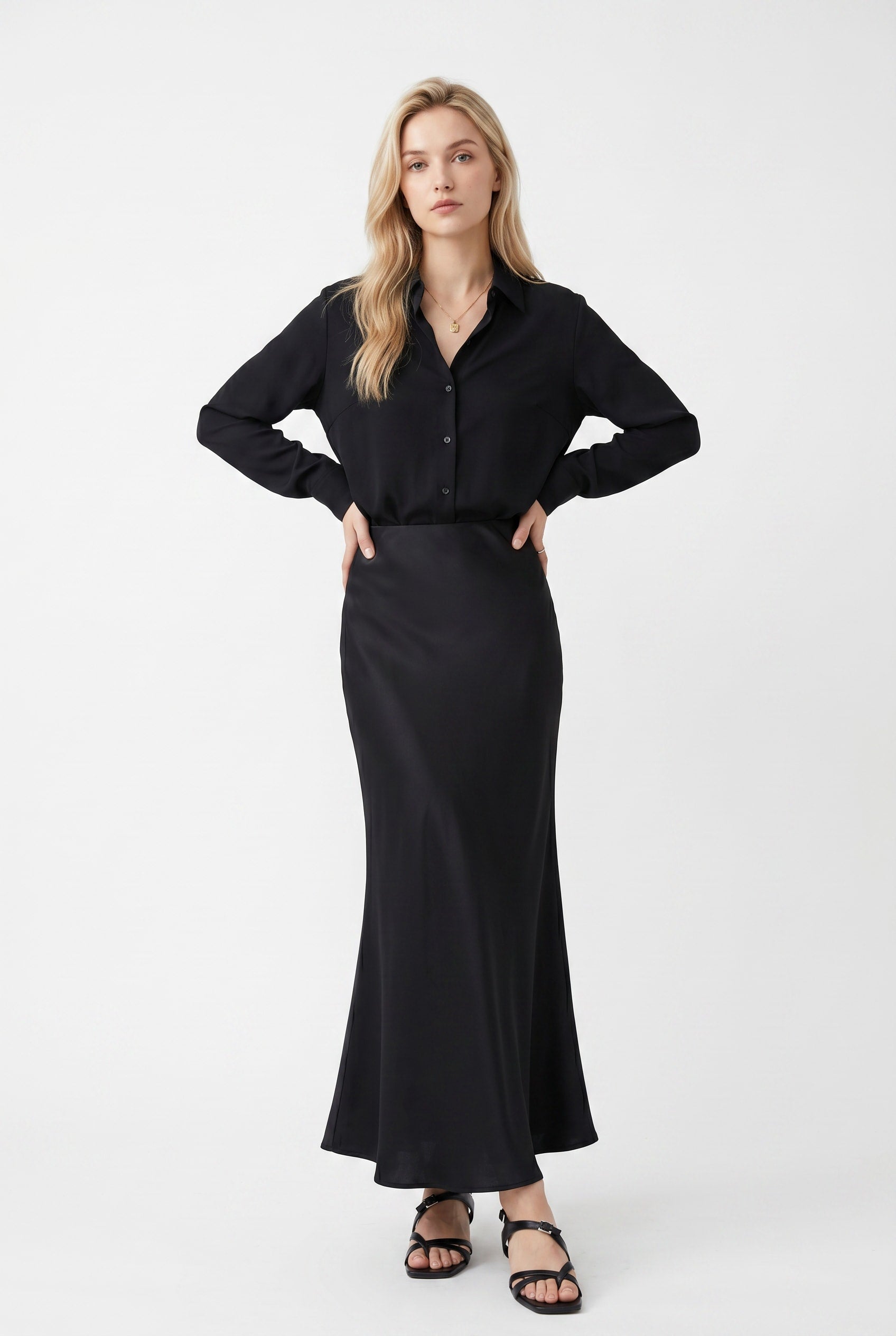 Black Satin Bias-Cut Maxi Skirt