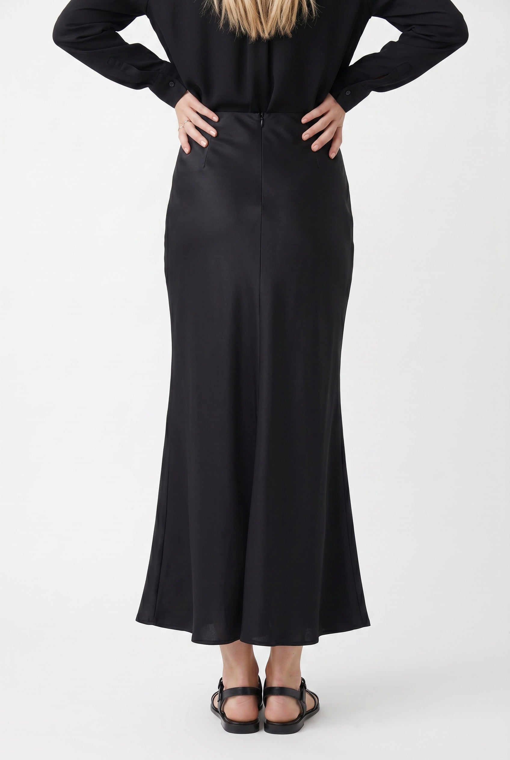 Black Satin Bias-Cut Maxi Skirt