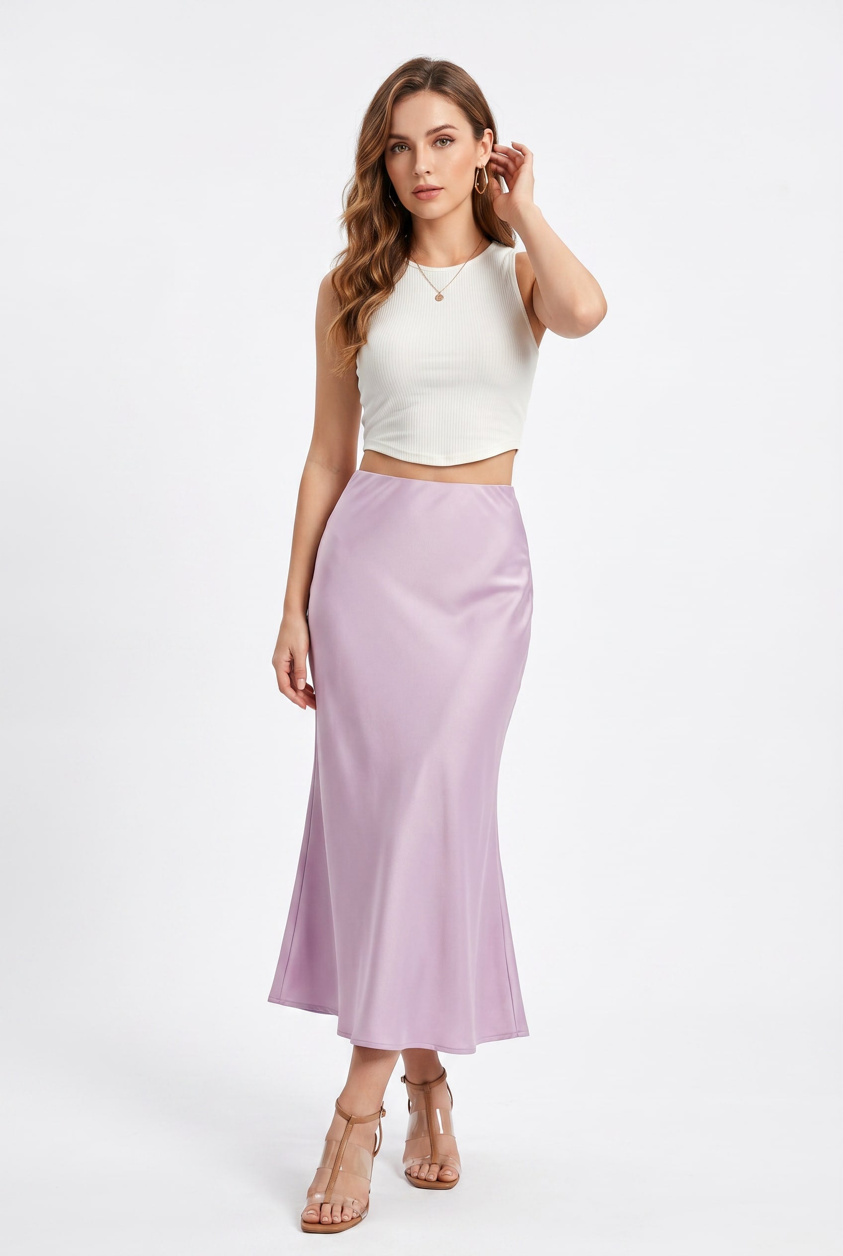 Lilac Satin Midi Slip Skirt