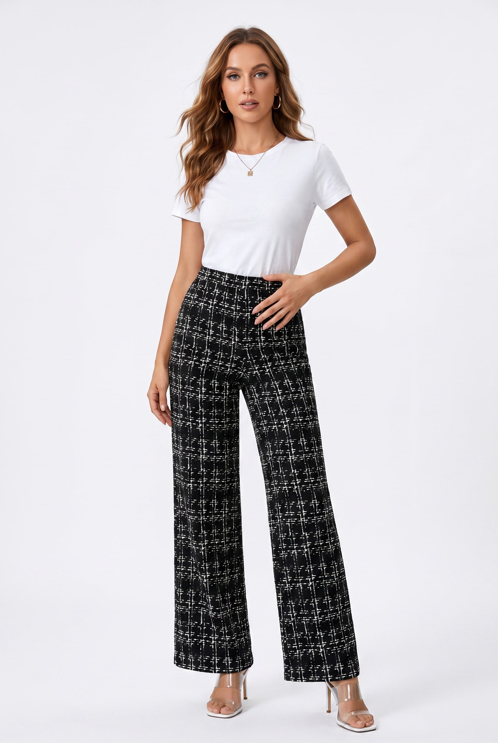 Black White Check Wide Leg Trousers