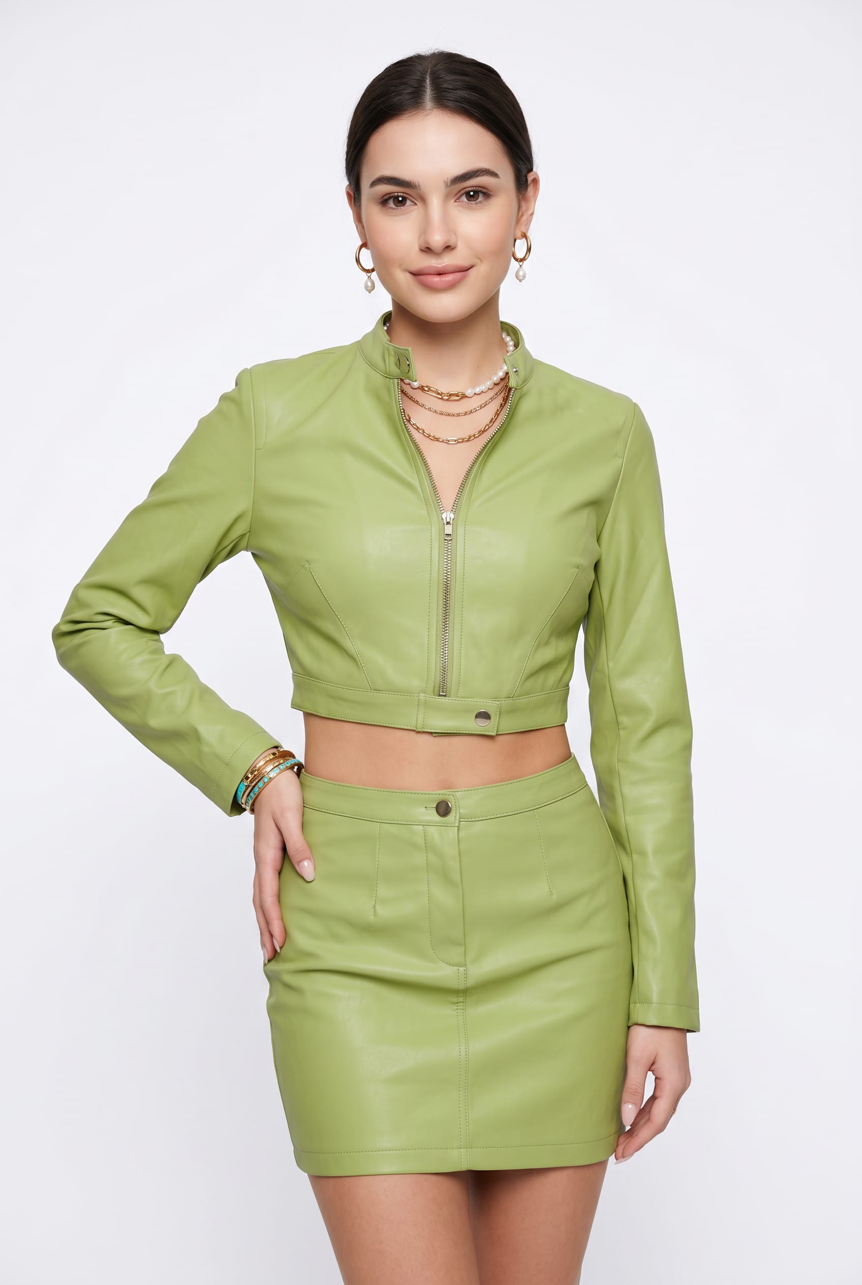 Lime Green Leather Cropped Jacket Skirt Set
