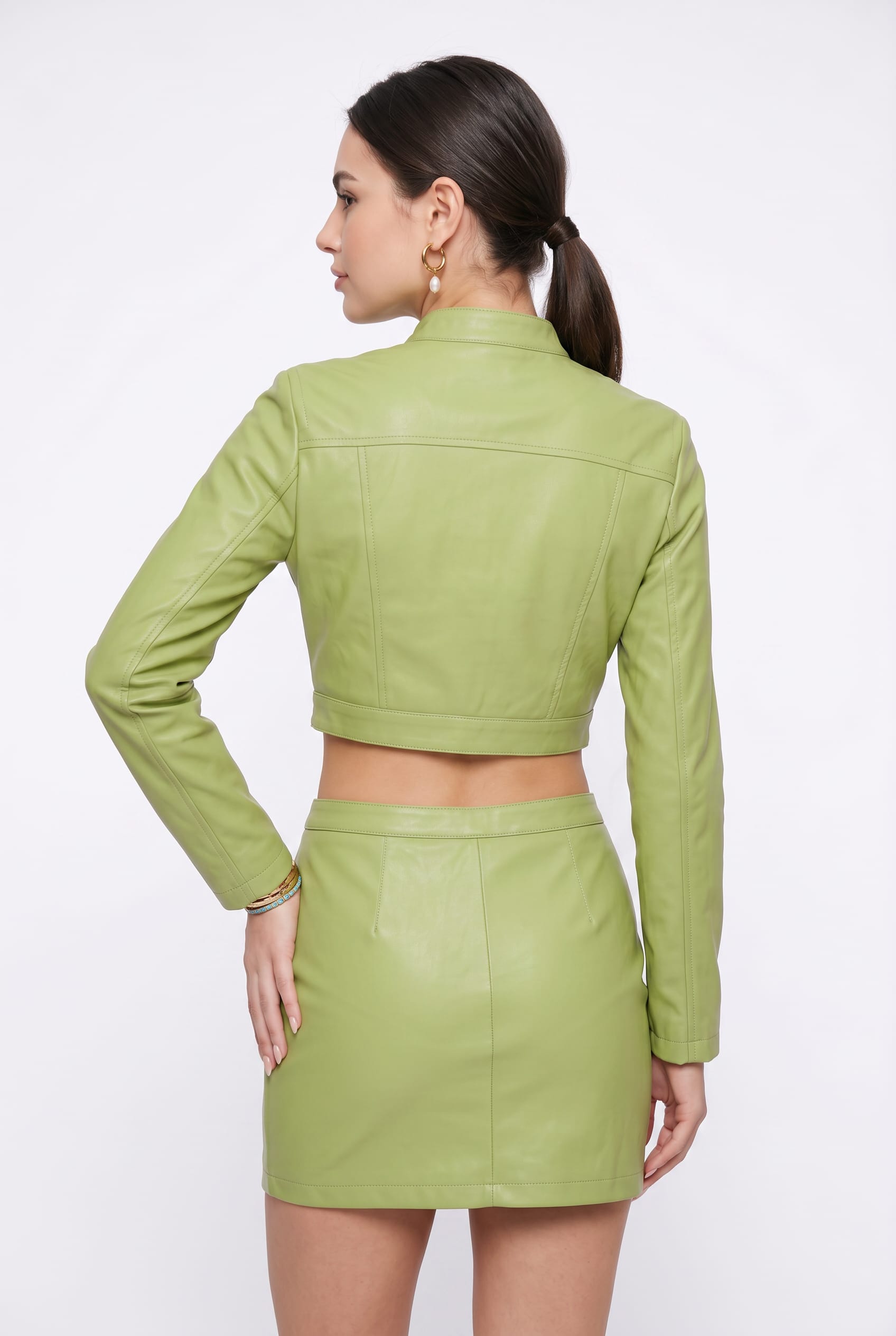 Lime Green Leather Cropped Jacket Skirt Set