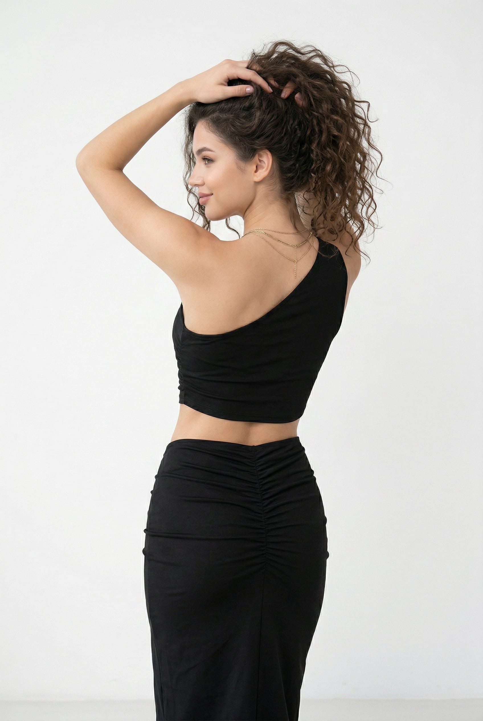 Black One Shoulder Ruched Co-ord Set
