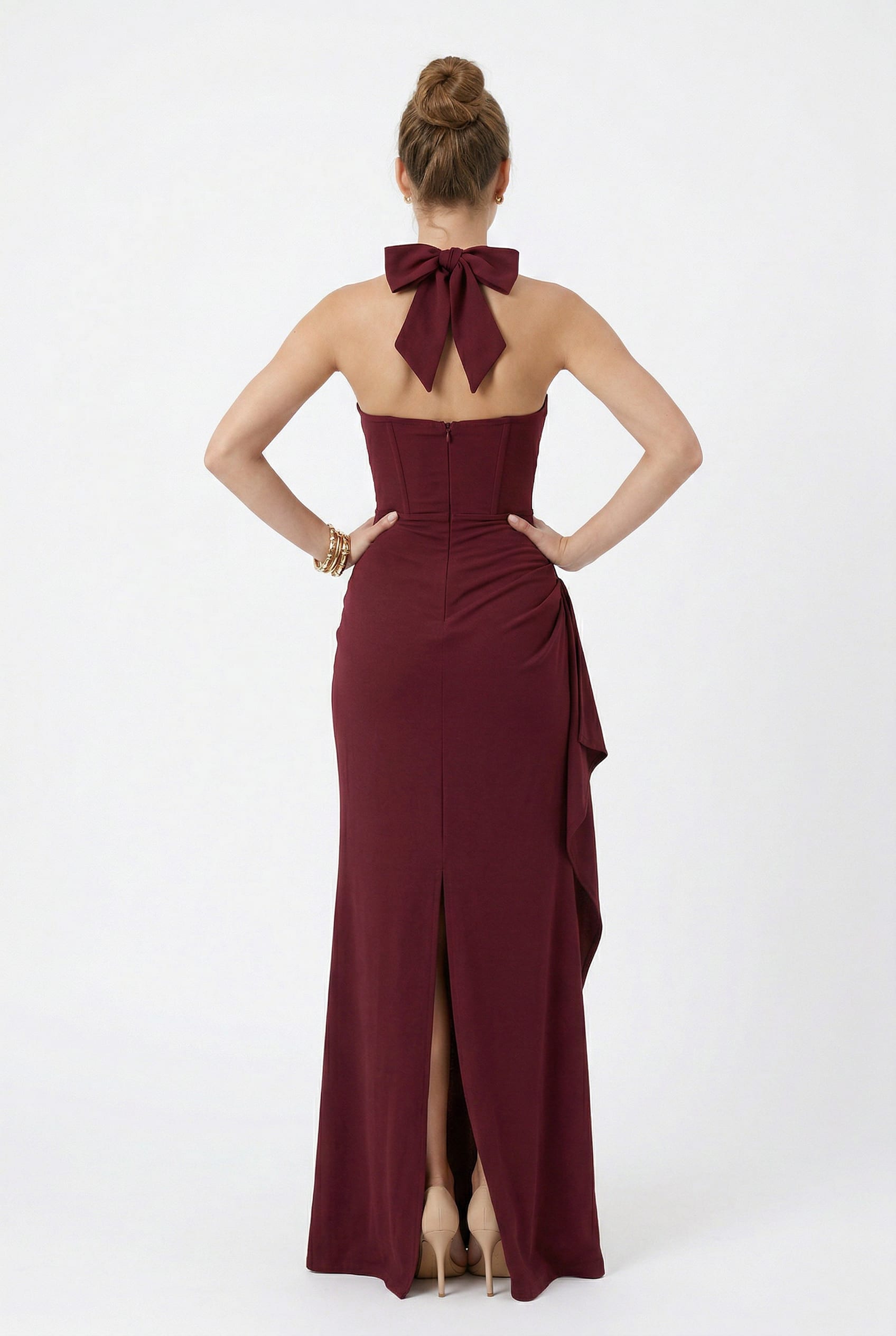 Burgundy Bustier Halter Maxi Dress