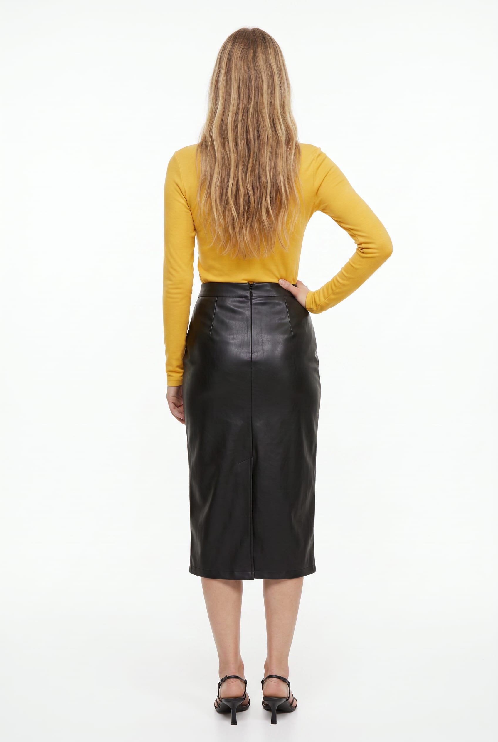 Black Faux Leather Ruched Midi Skirt