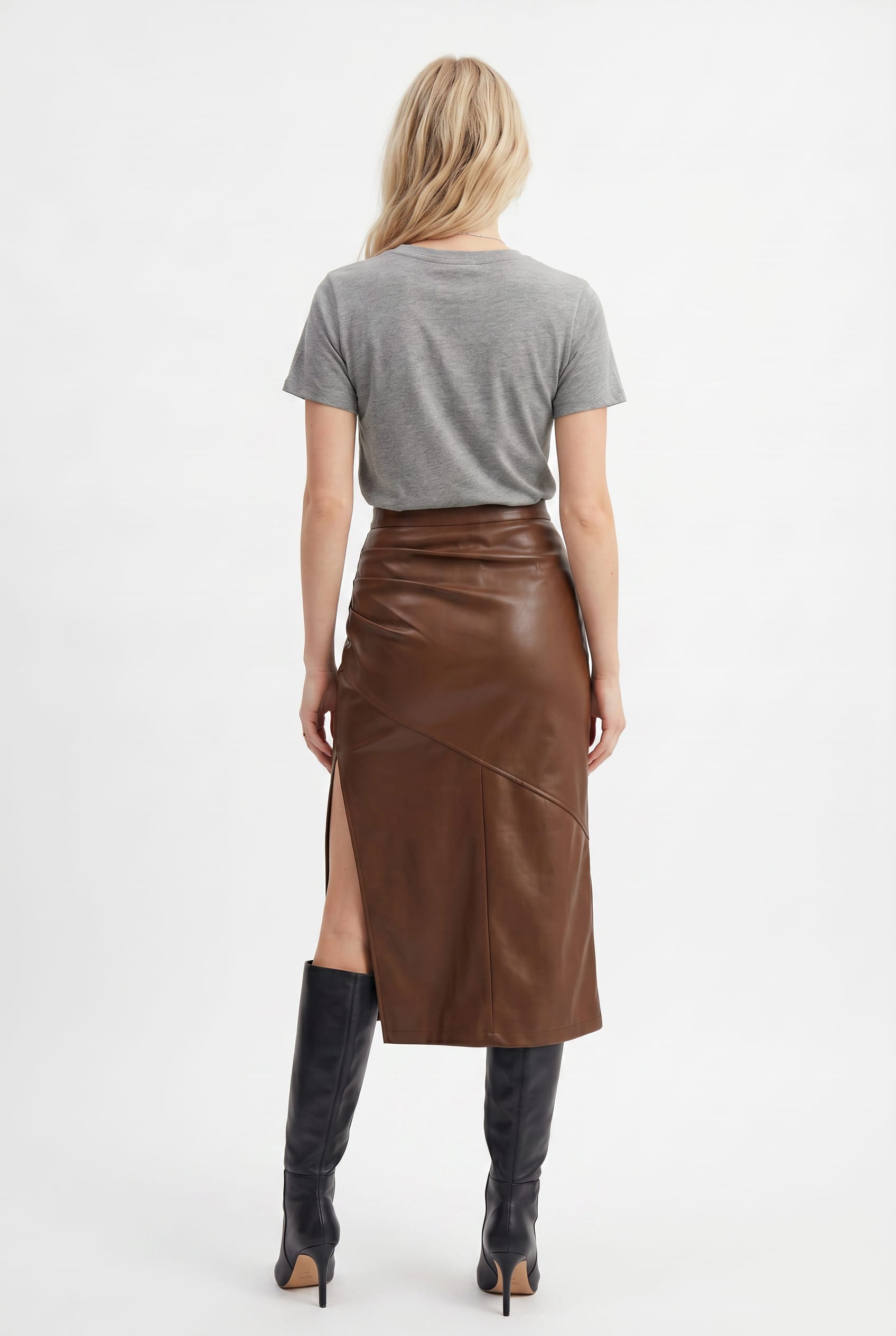 Brown Faux Leather Ruched Midi Skirt