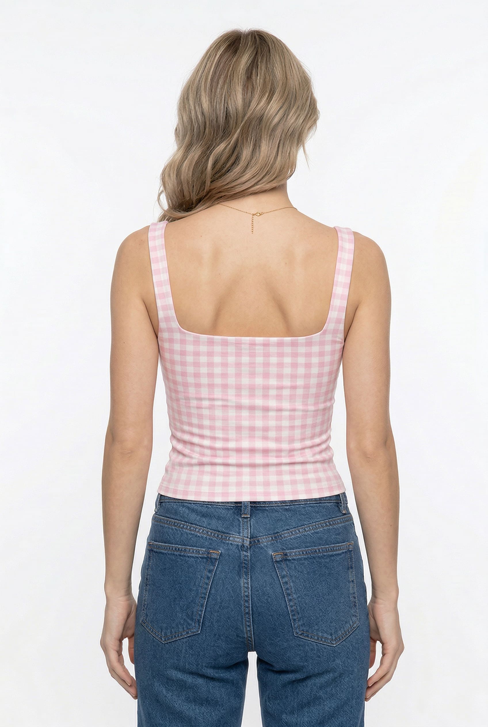 Pink Gingham Fitted Tank Top