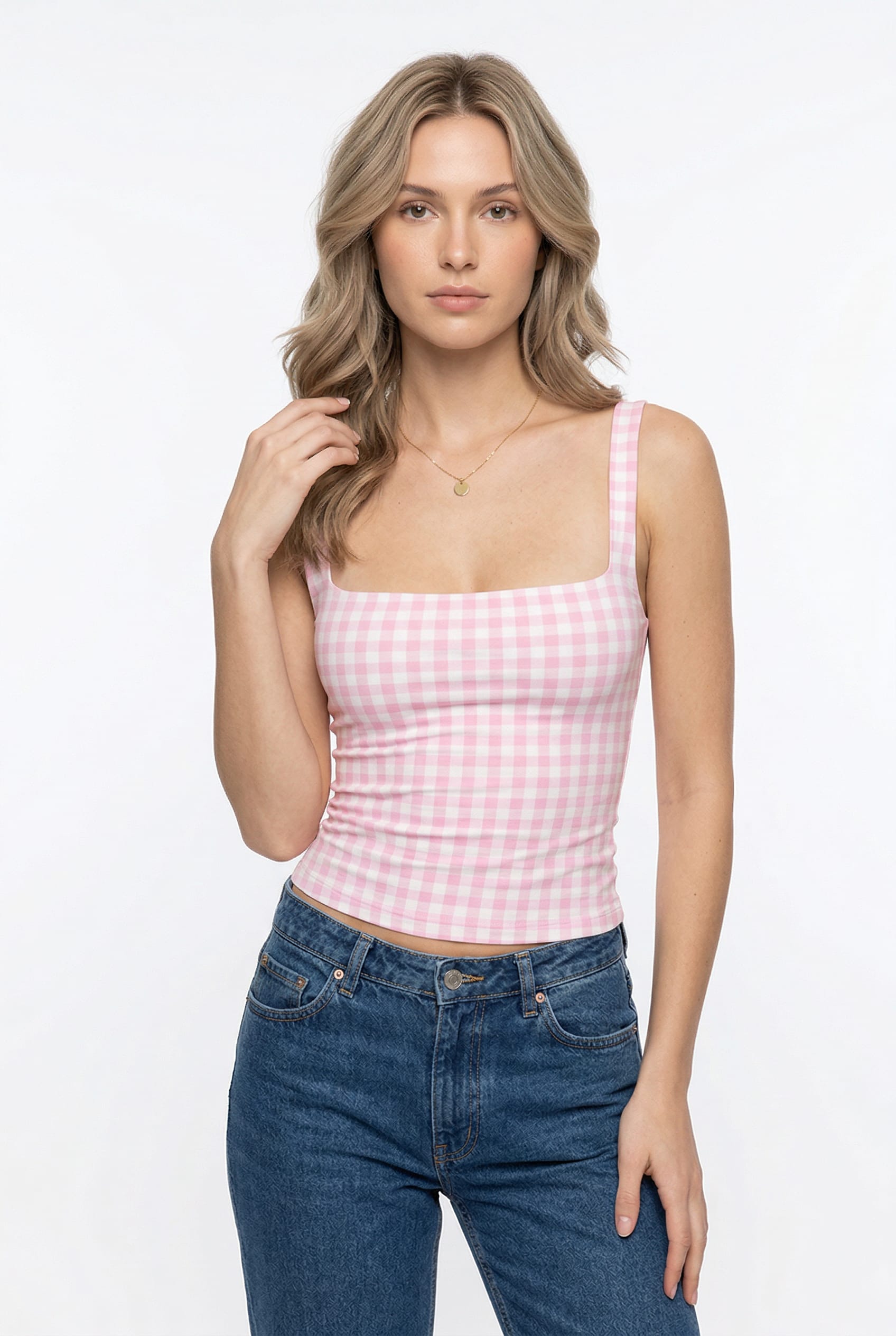 Pink Gingham Fitted Tank Top
