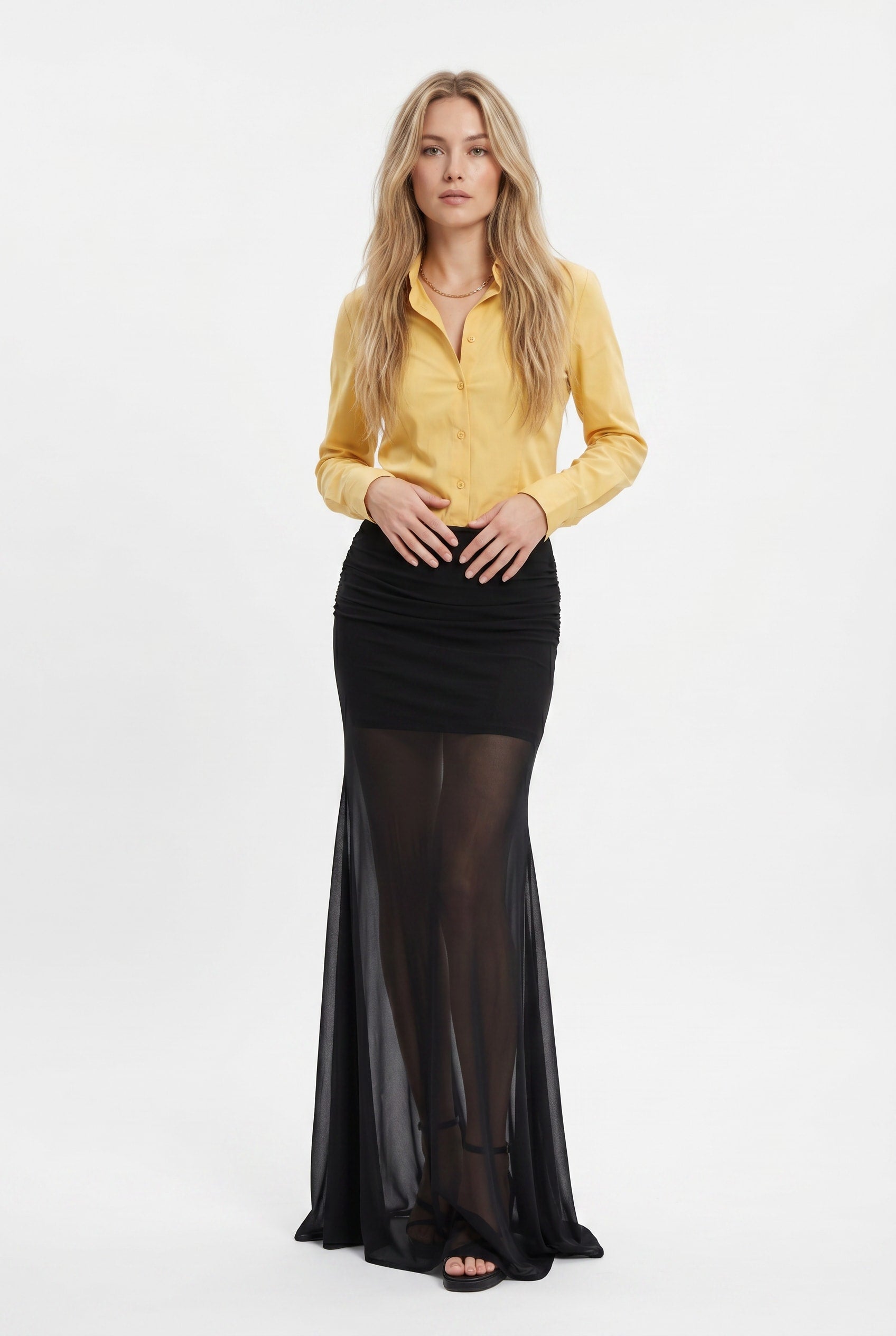 Black Sheer Mesh Ruched Maxi Skirt