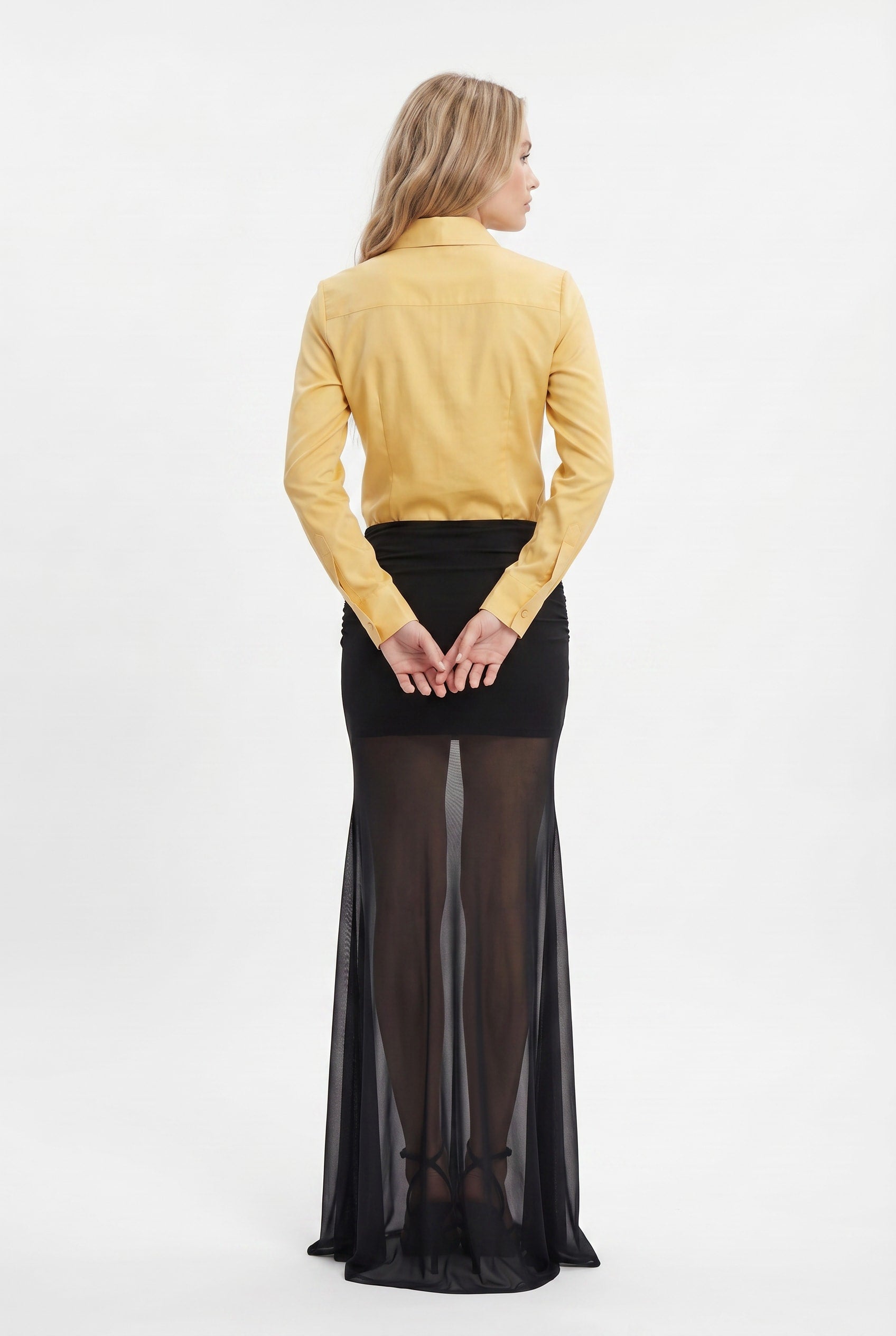 Black Sheer Mesh Ruched Maxi Skirt