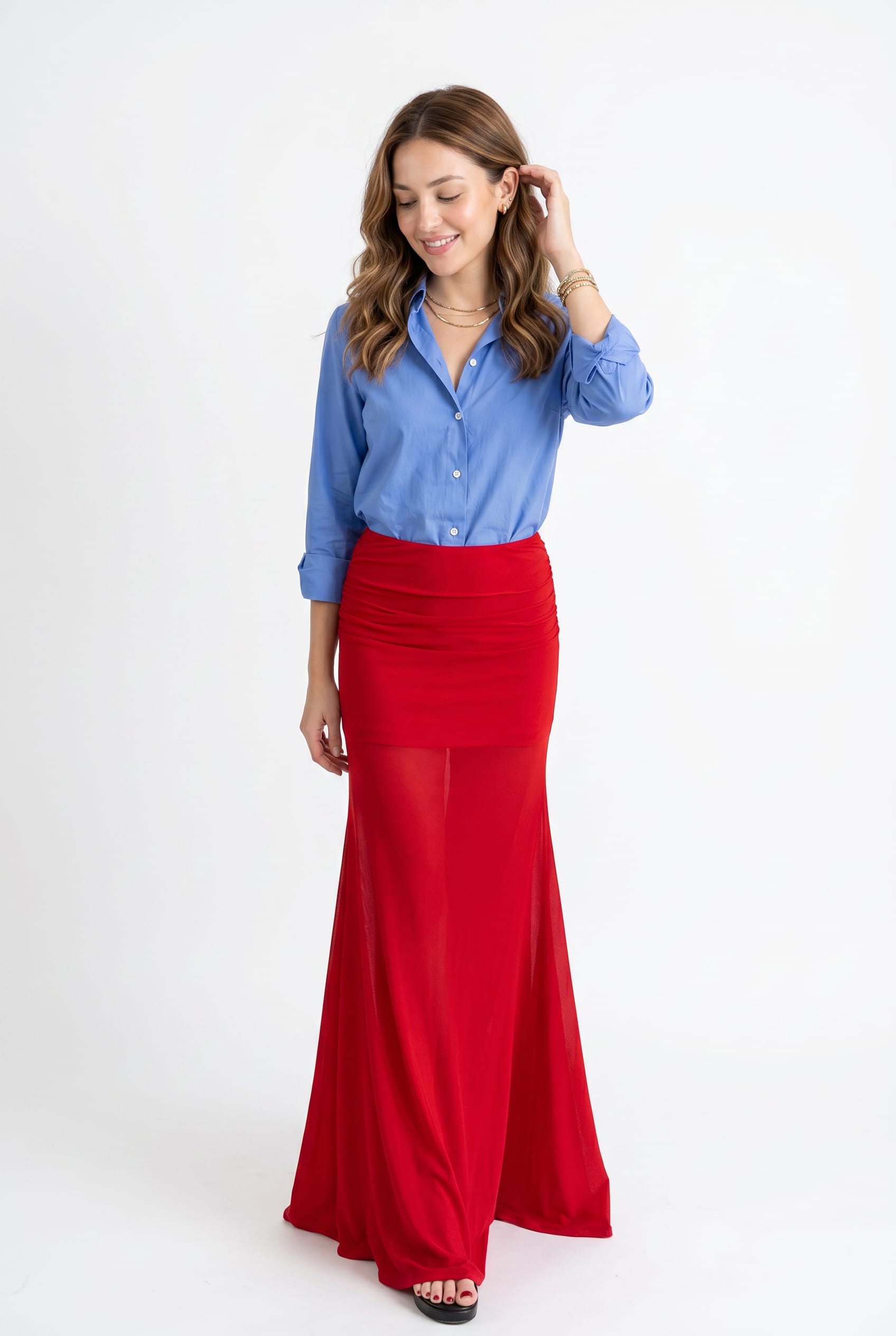Red Ruched Waist Maxi Skirt