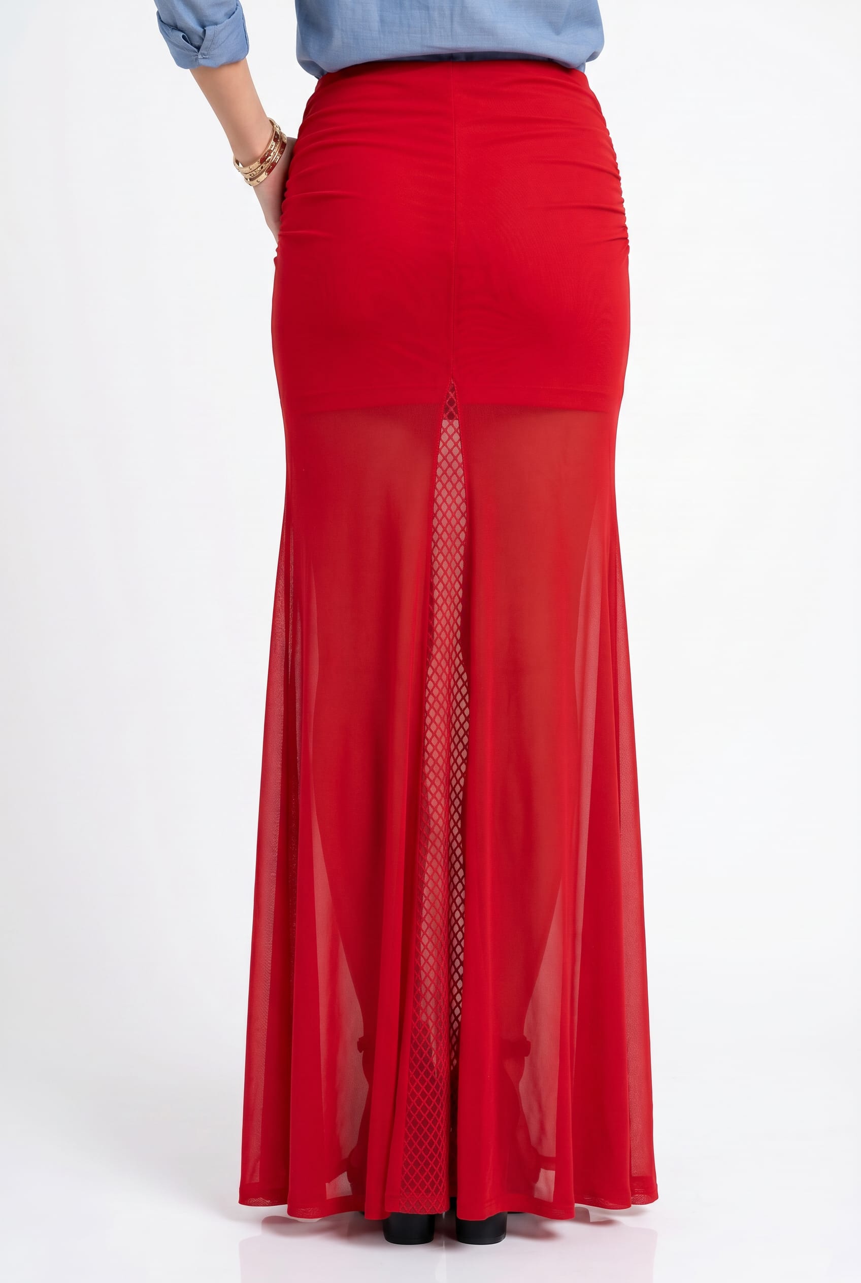 Red Ruched Waist Maxi Skirt