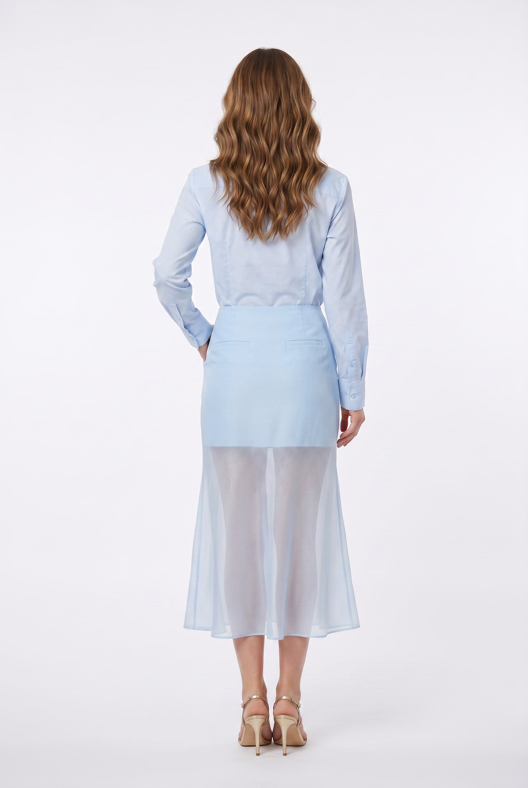 Powder Blue Sheer Hem Midi Skirt