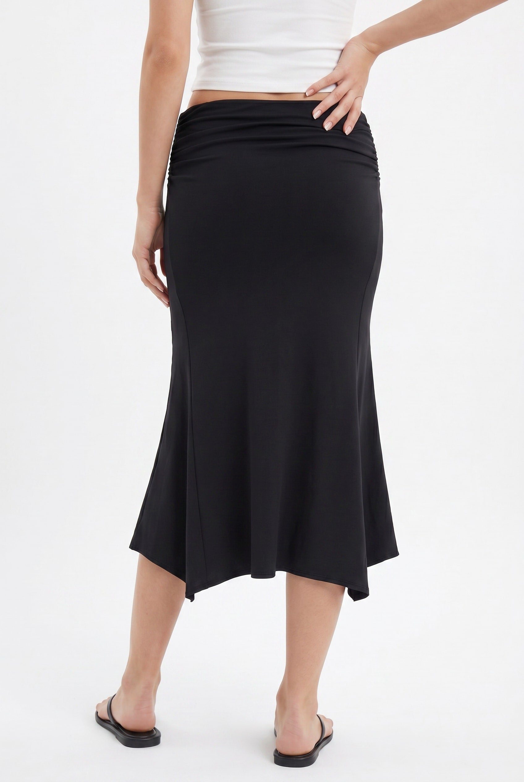 Black Ruched Waist Midi Skirt