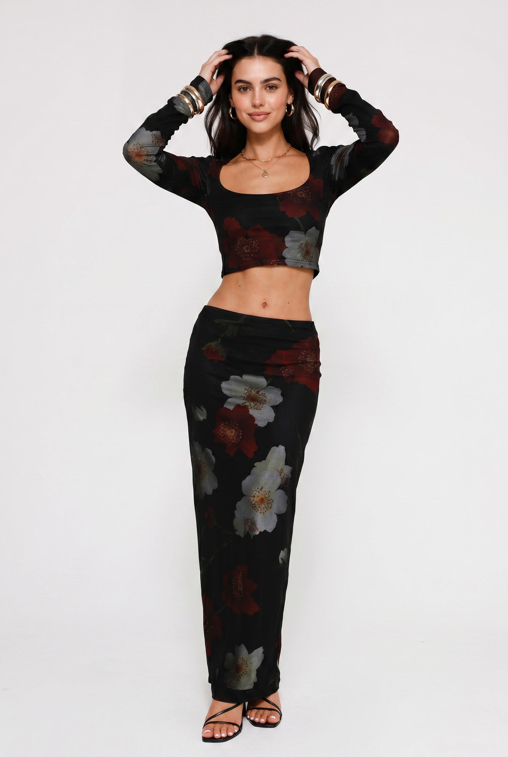 Black Floral Crop Top Maxi Skirt Set