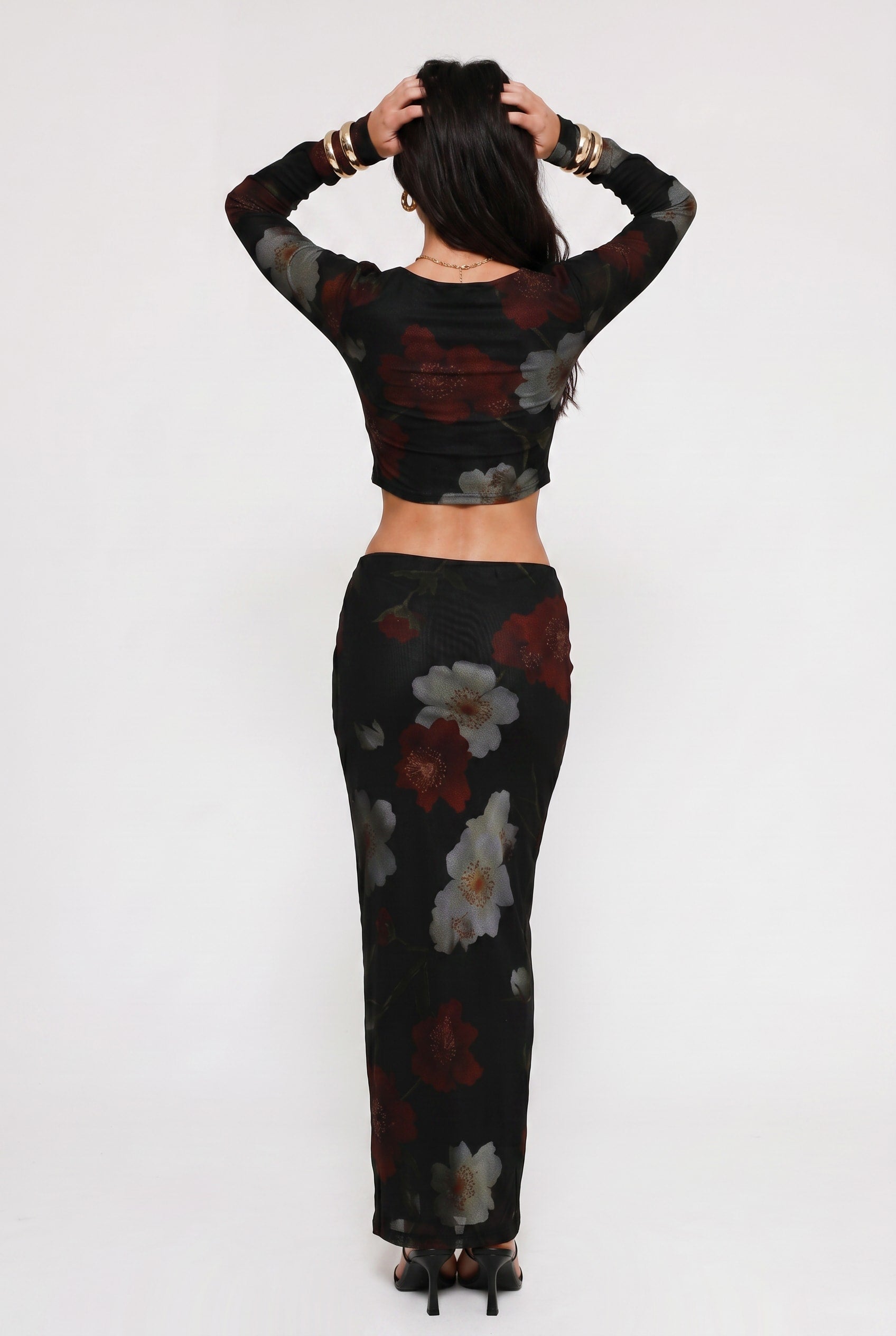 Black Floral Crop Top Maxi Skirt Set