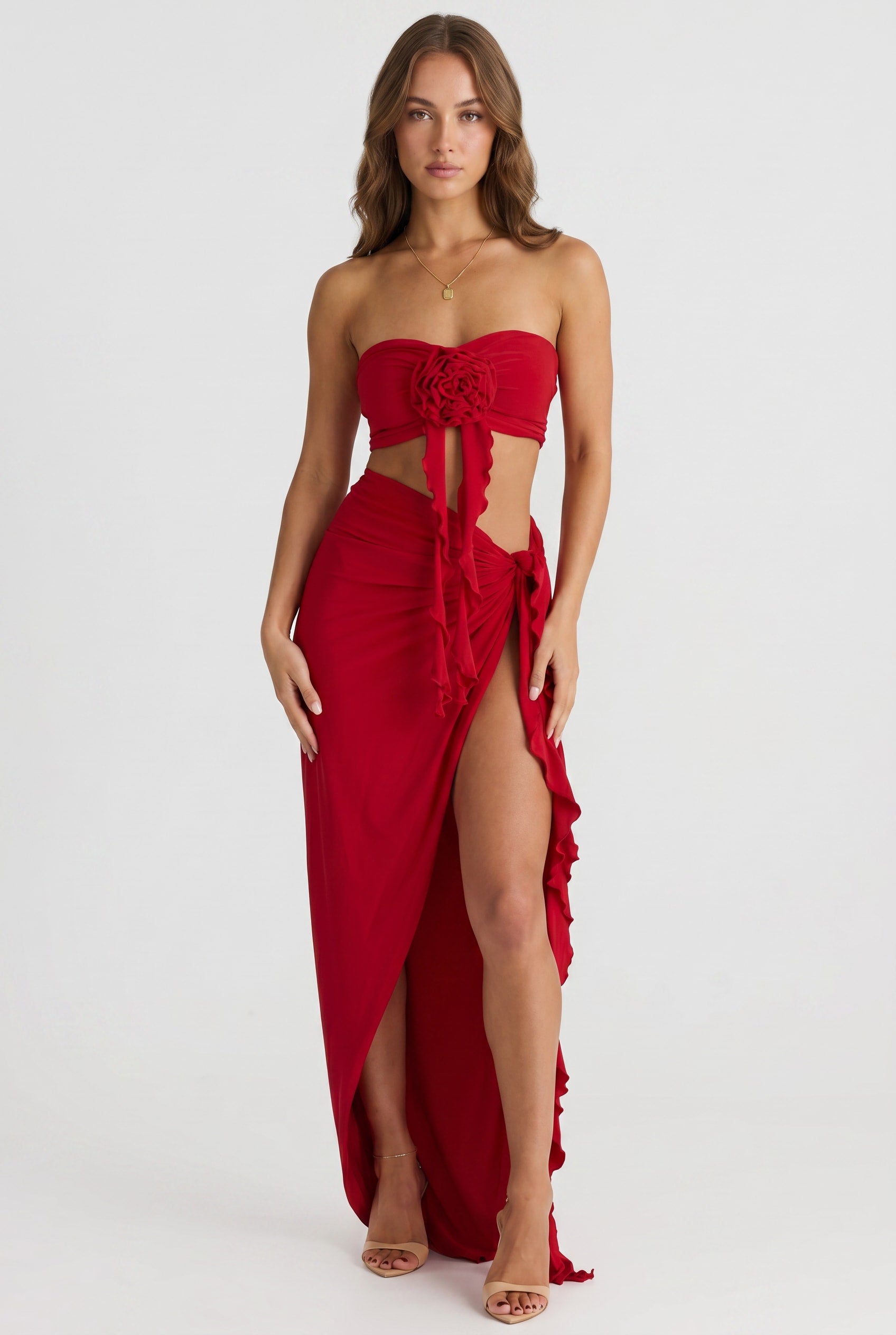 Crimson Red Ruffle Cutout Co-ord Set