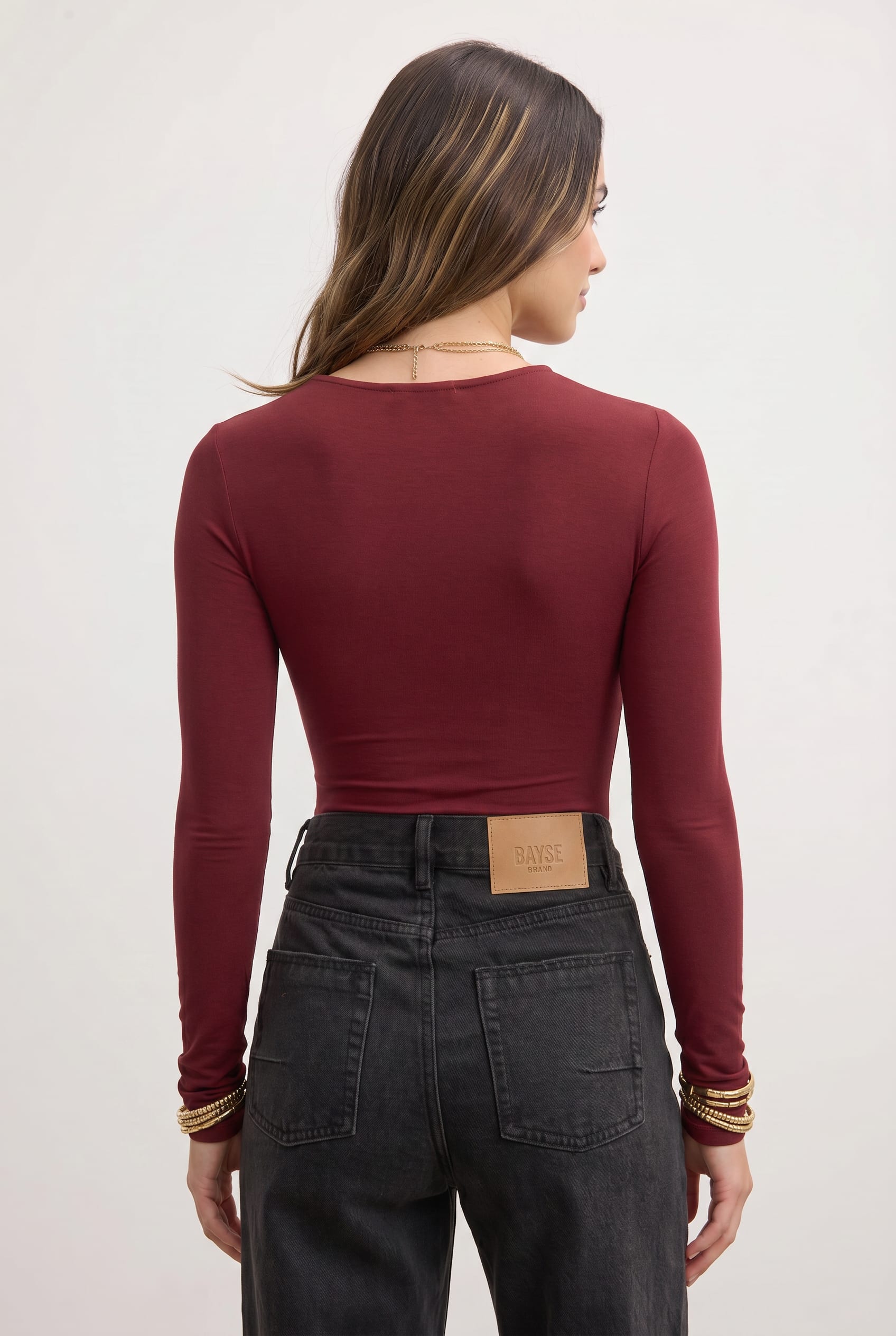 Burgundy Twist Front Long Sleeve Bodysuit