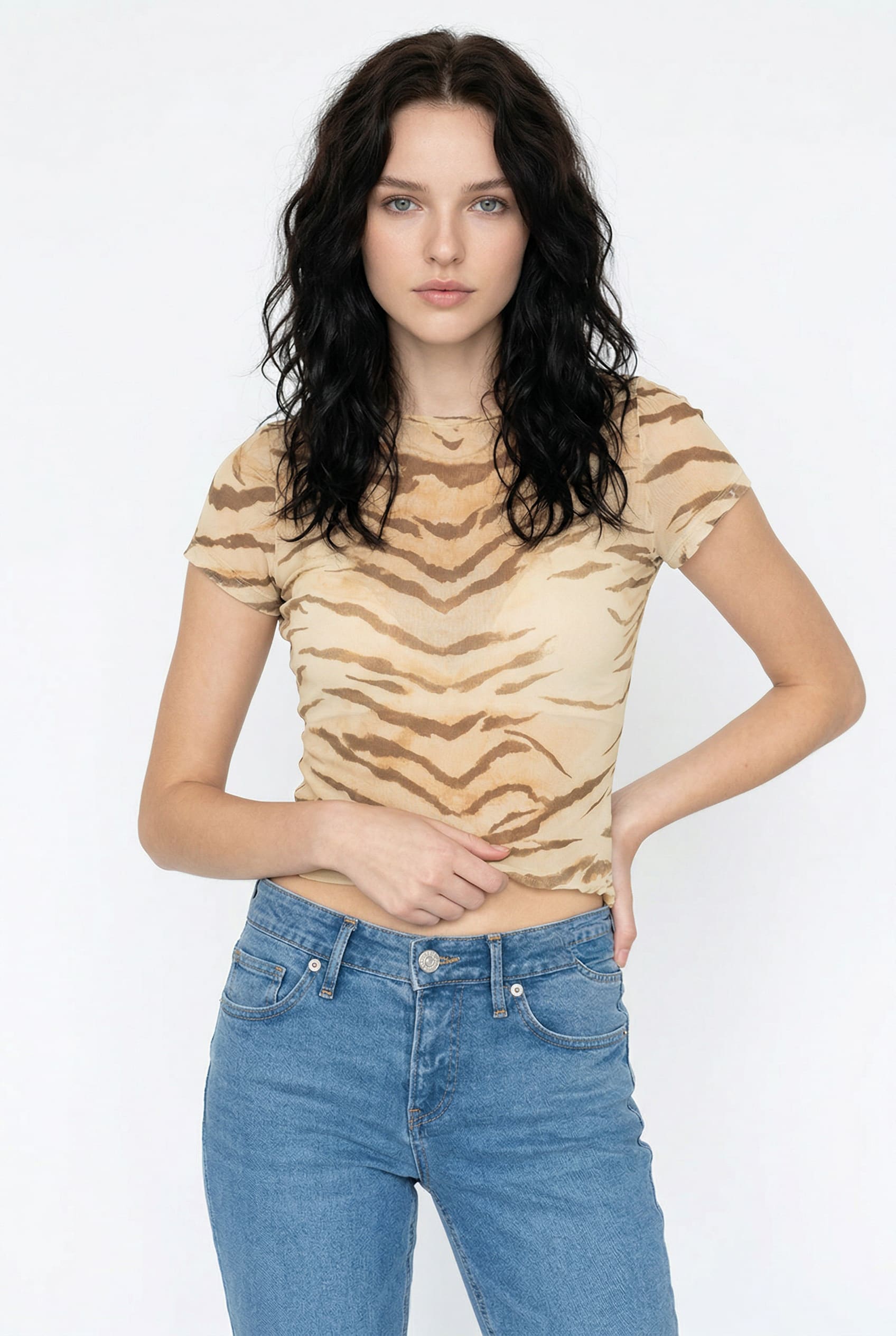 Beige Tiger Print Fitted Tee