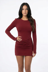 Burgundy Ruched Long Sleeve Mini Dress
