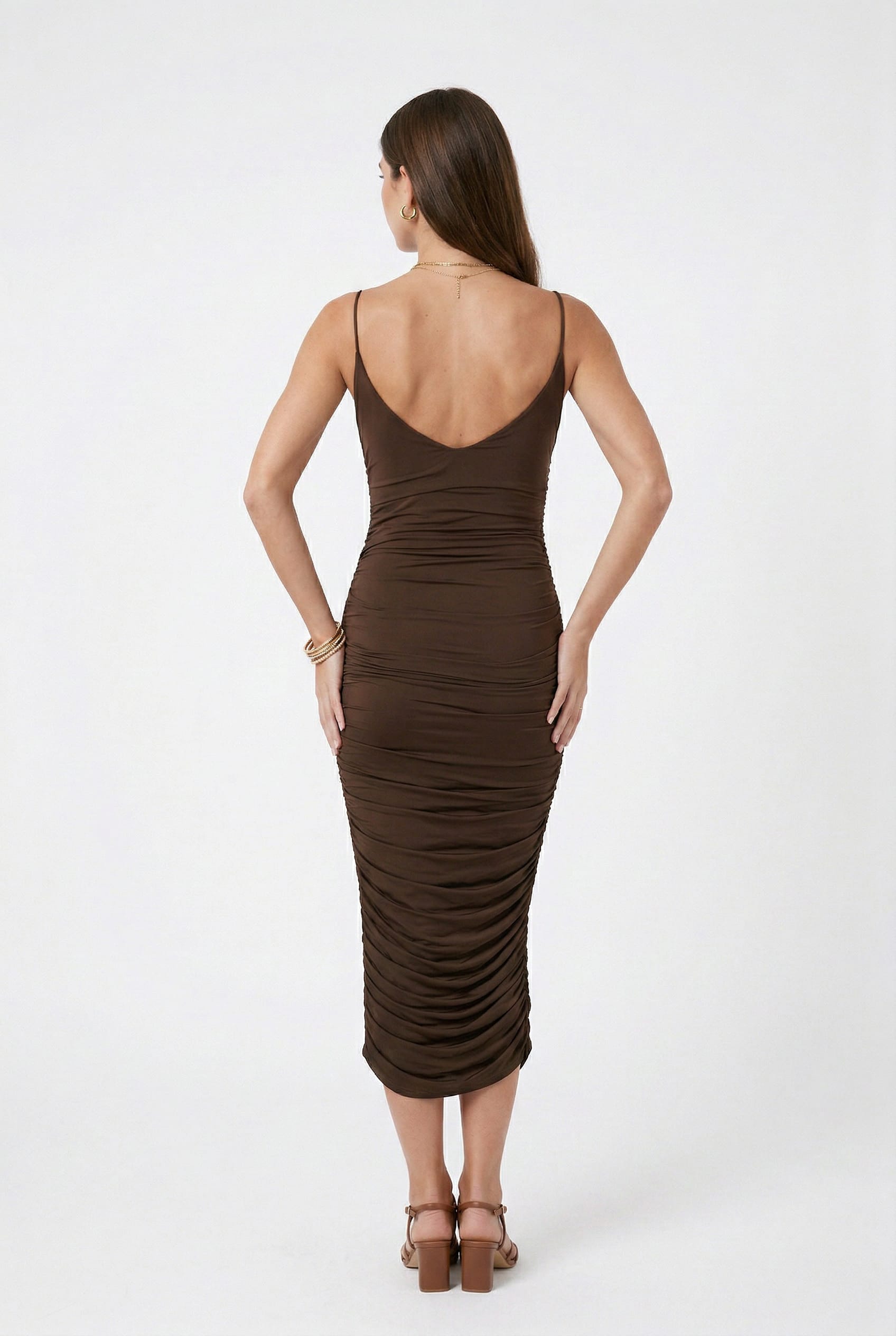 Chocolate Brown Ruched Cowl Midi Dress