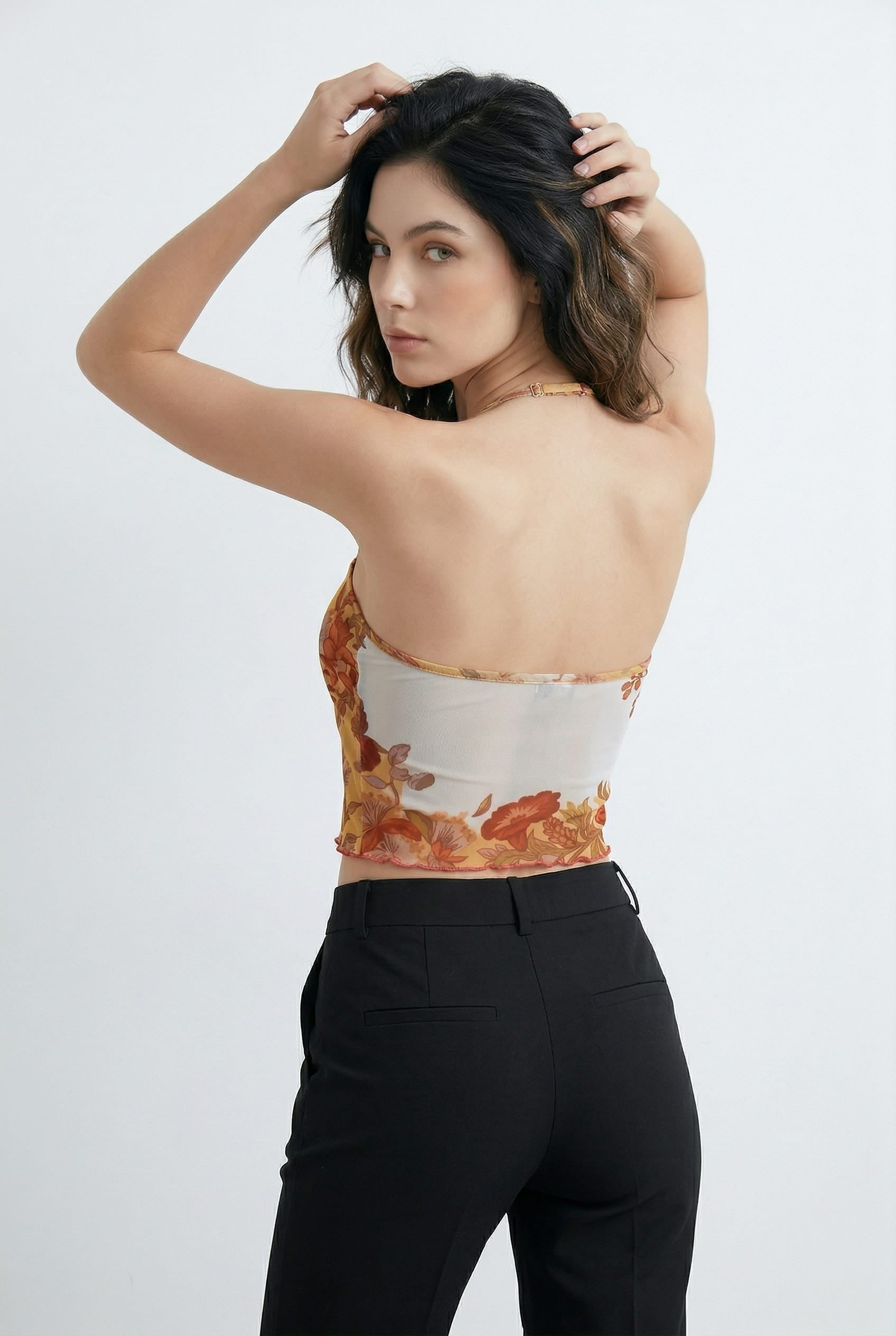 Mustard Floral Print Halter Crop Top