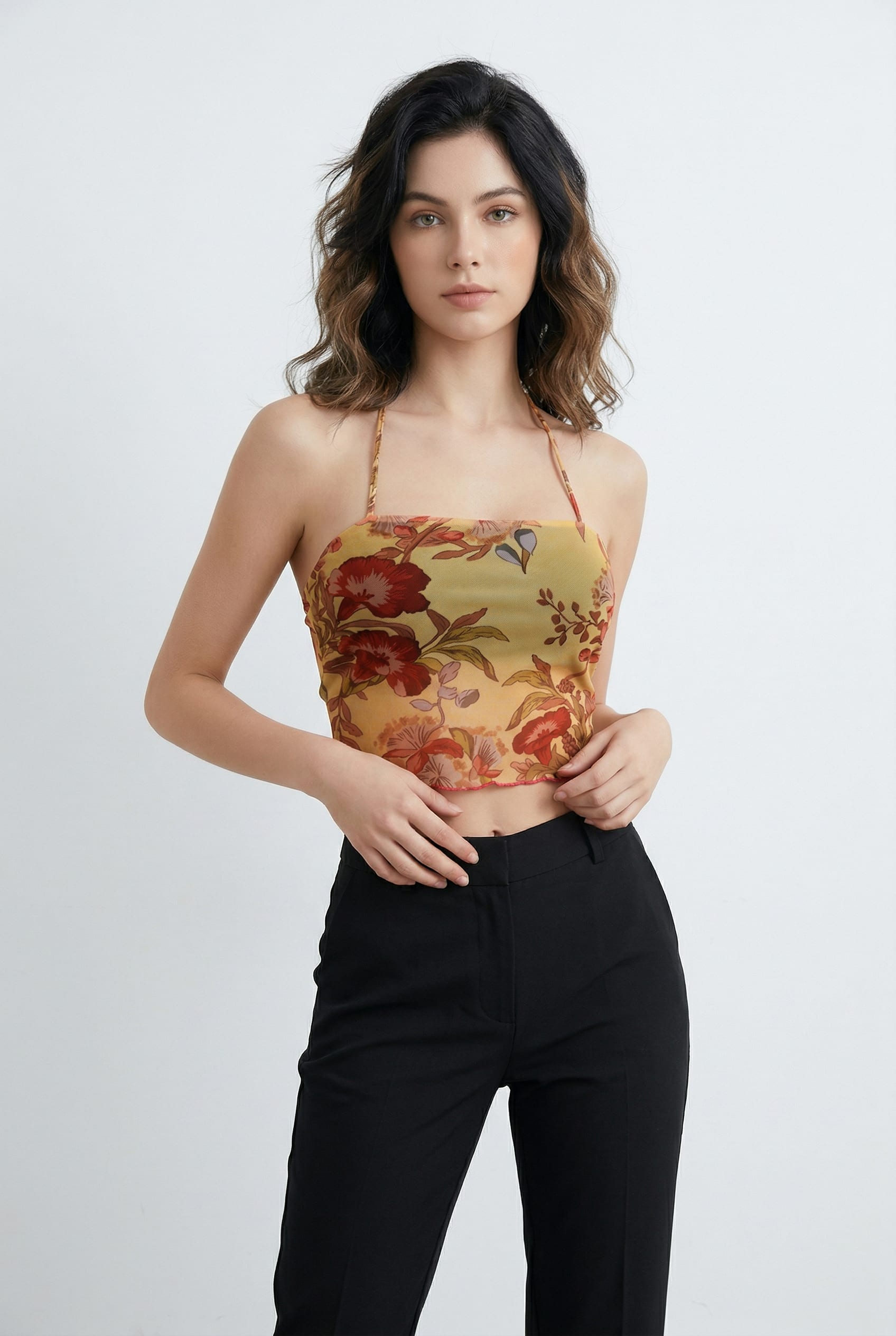 Mustard Floral Print Halter Crop Top